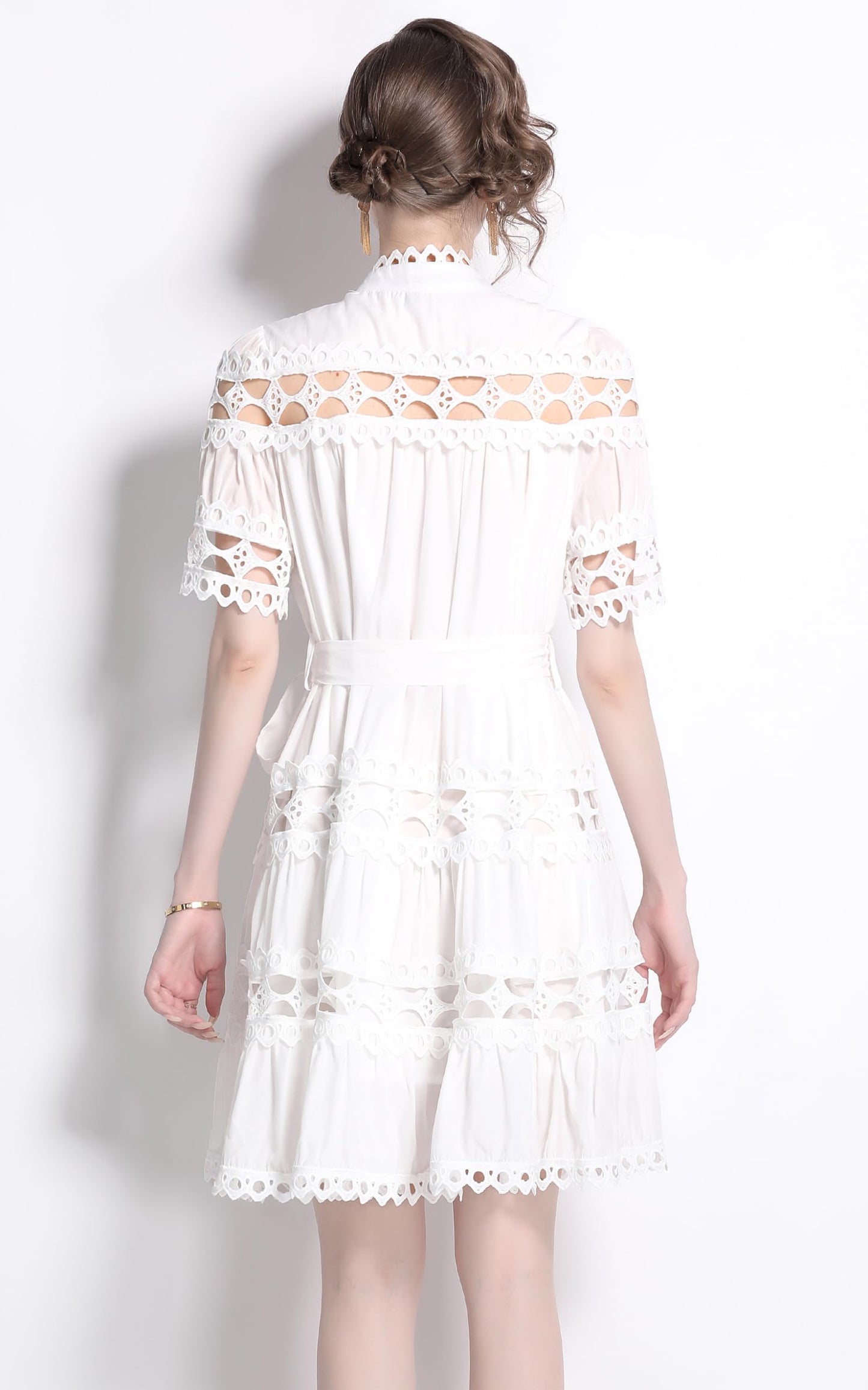 Womens Lace Hollow Button Mini Dress - LAI MENG FIVE CATS