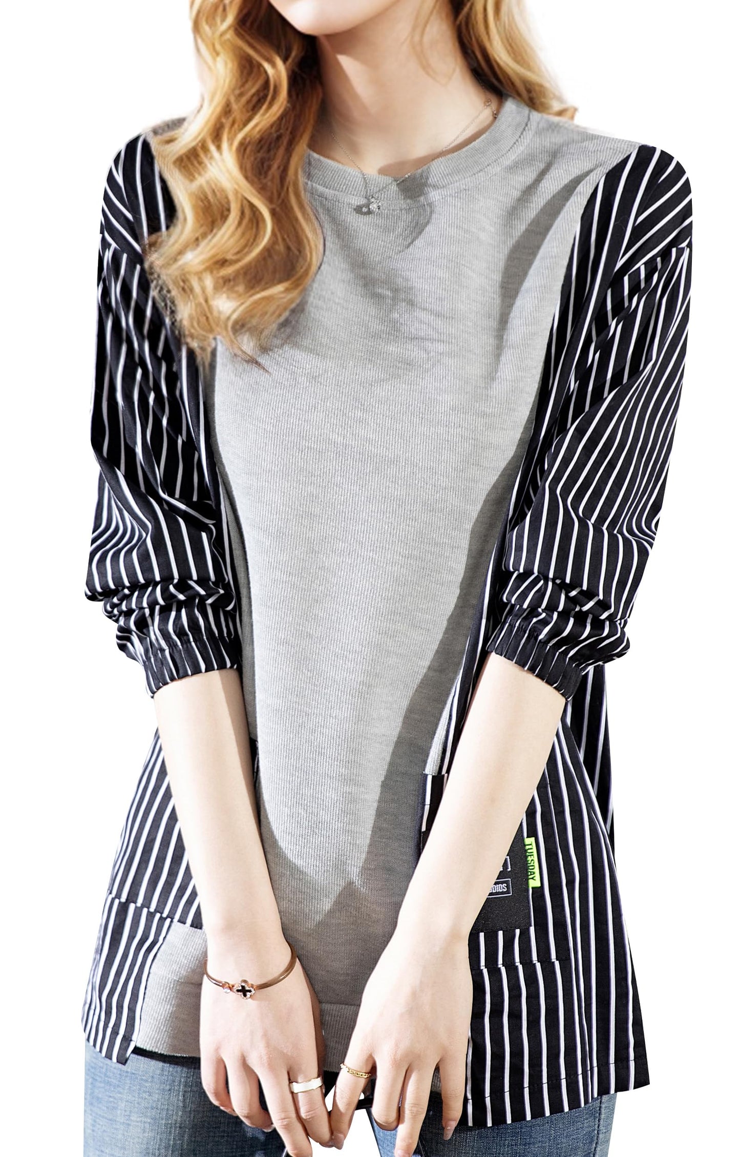 Pullover Patchwork Stripe Blouse Knit Tops - LAI MENG FIVE CATS