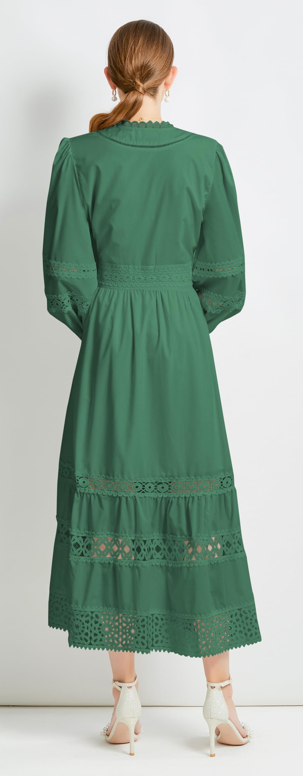 Womens Hollow Buttons Puffy Sleeves Midi Dress - LAI MENG FIVE CATS
