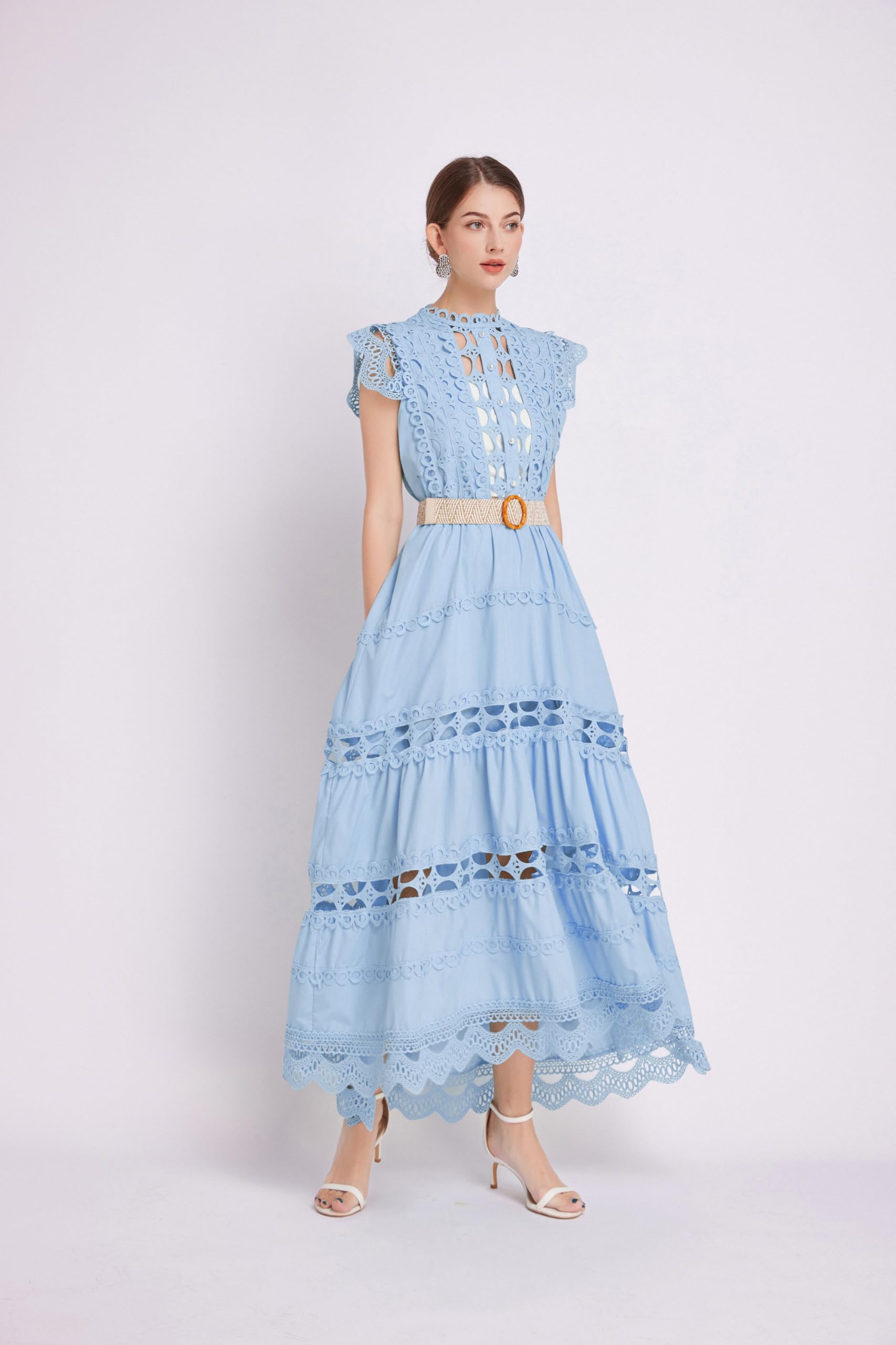 BK-Womens Lace Hollow Ruffled  Maxi  Dress - LAI MENG FIVE CATS