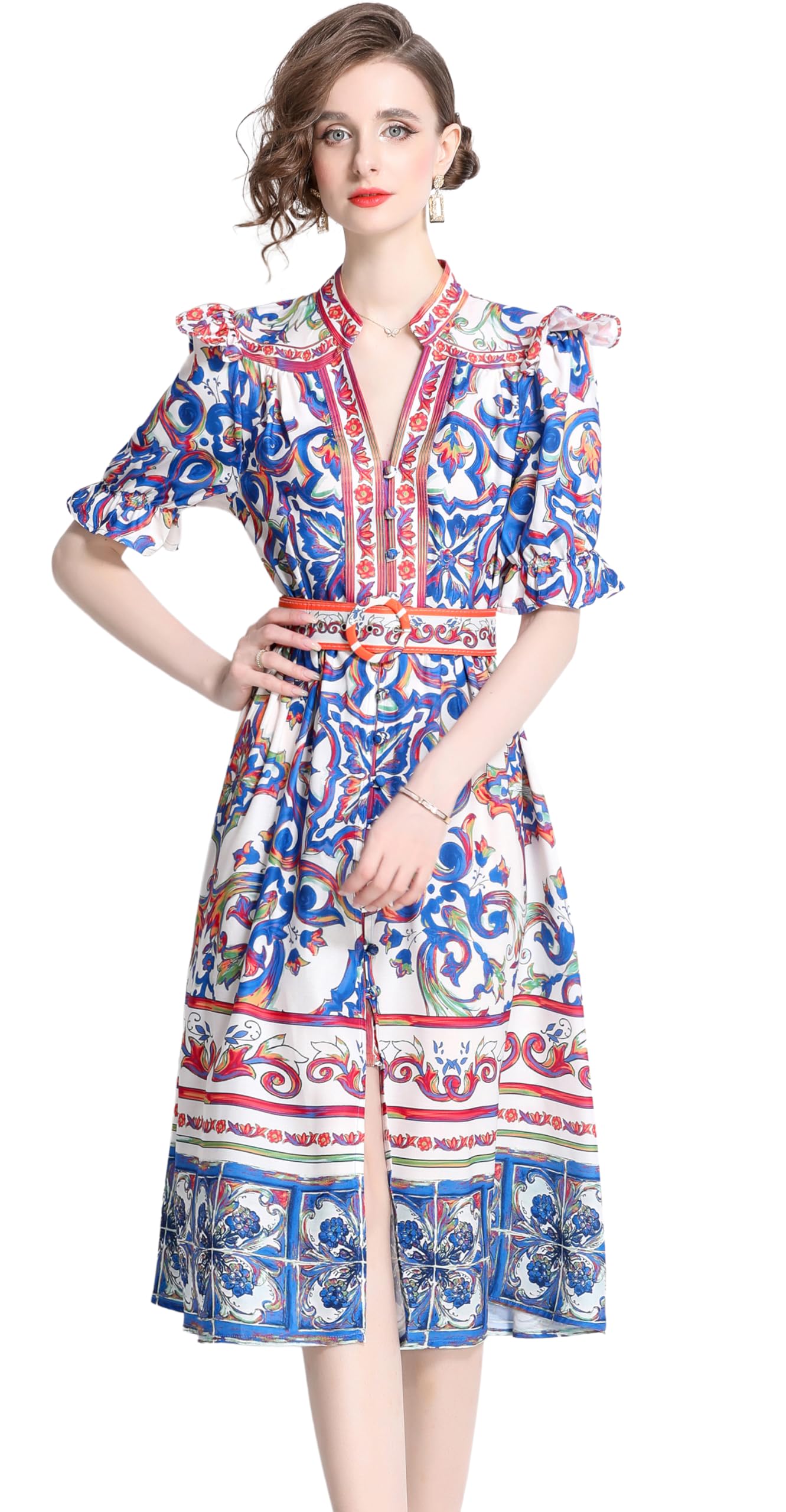 BK-Short Puff Sleeve Floral Midi Dress - LAI MENG FIVE CATS