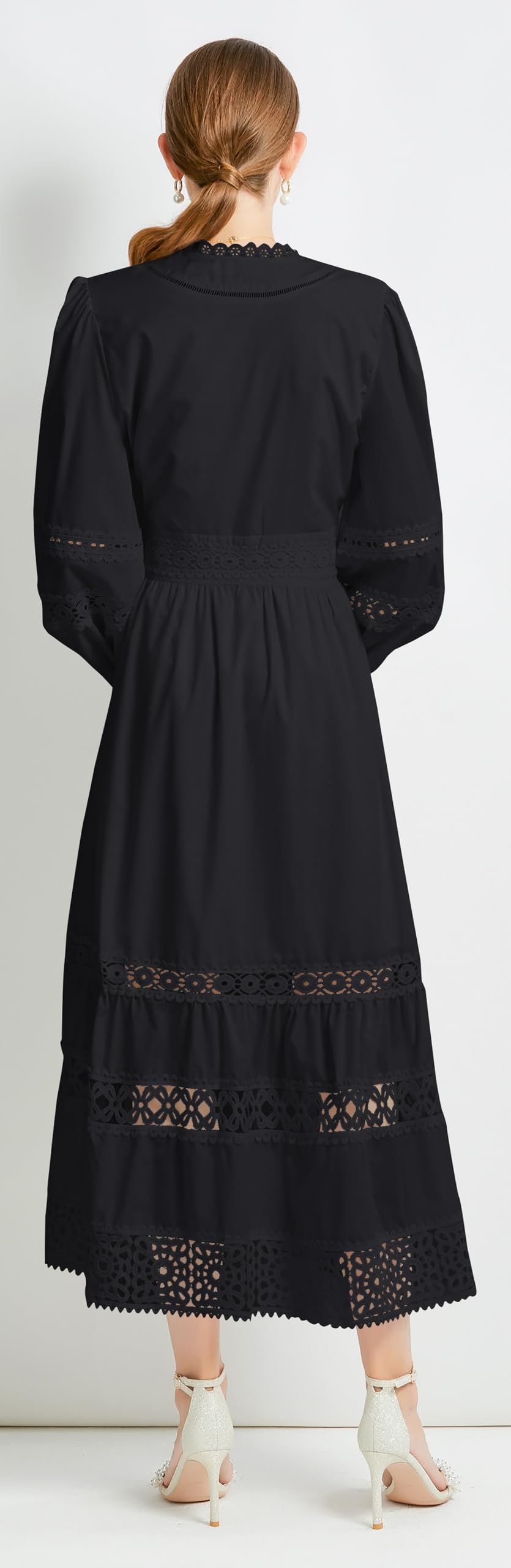 Womens Hollow Buttons Puffy Sleeves Midi Dress - LAI MENG FIVE CATS
