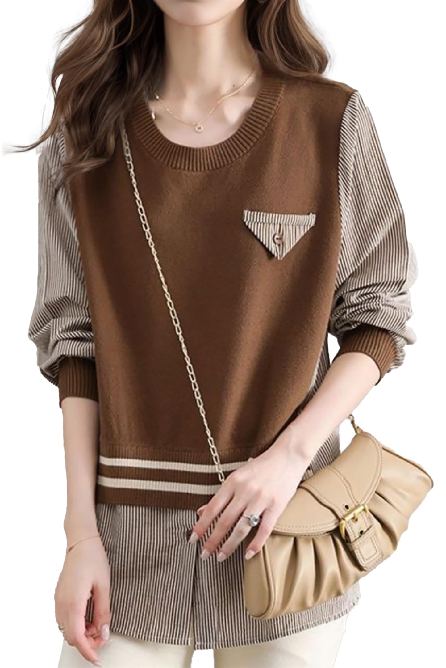 Pullover Patchwork Stripe Blouse Knit Tops - LAI MENG FIVE CATS