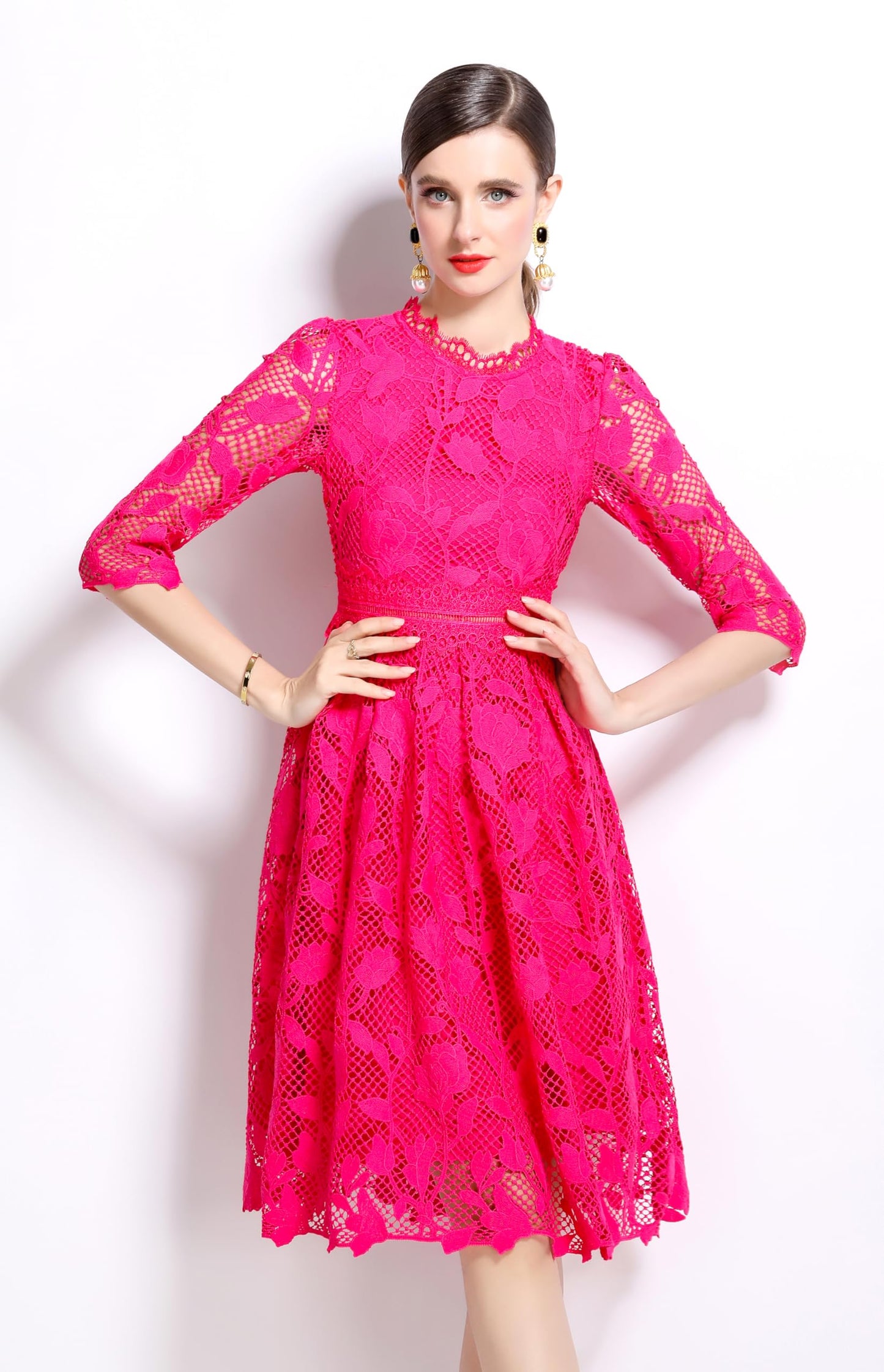 Womens Lace Floral Elegant Midi Dress - LAI MENG FIVE CATS