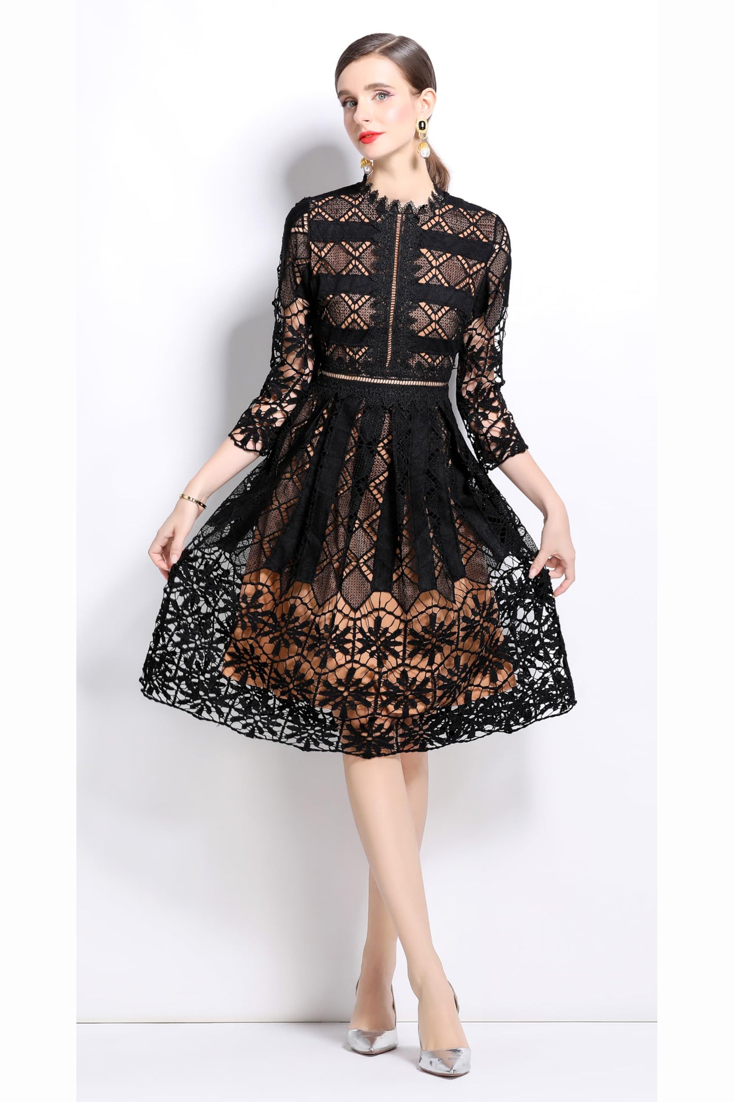 Womens 2/3 Sleeve Wedding Midi Dress - LAI MENG FIVE CATS