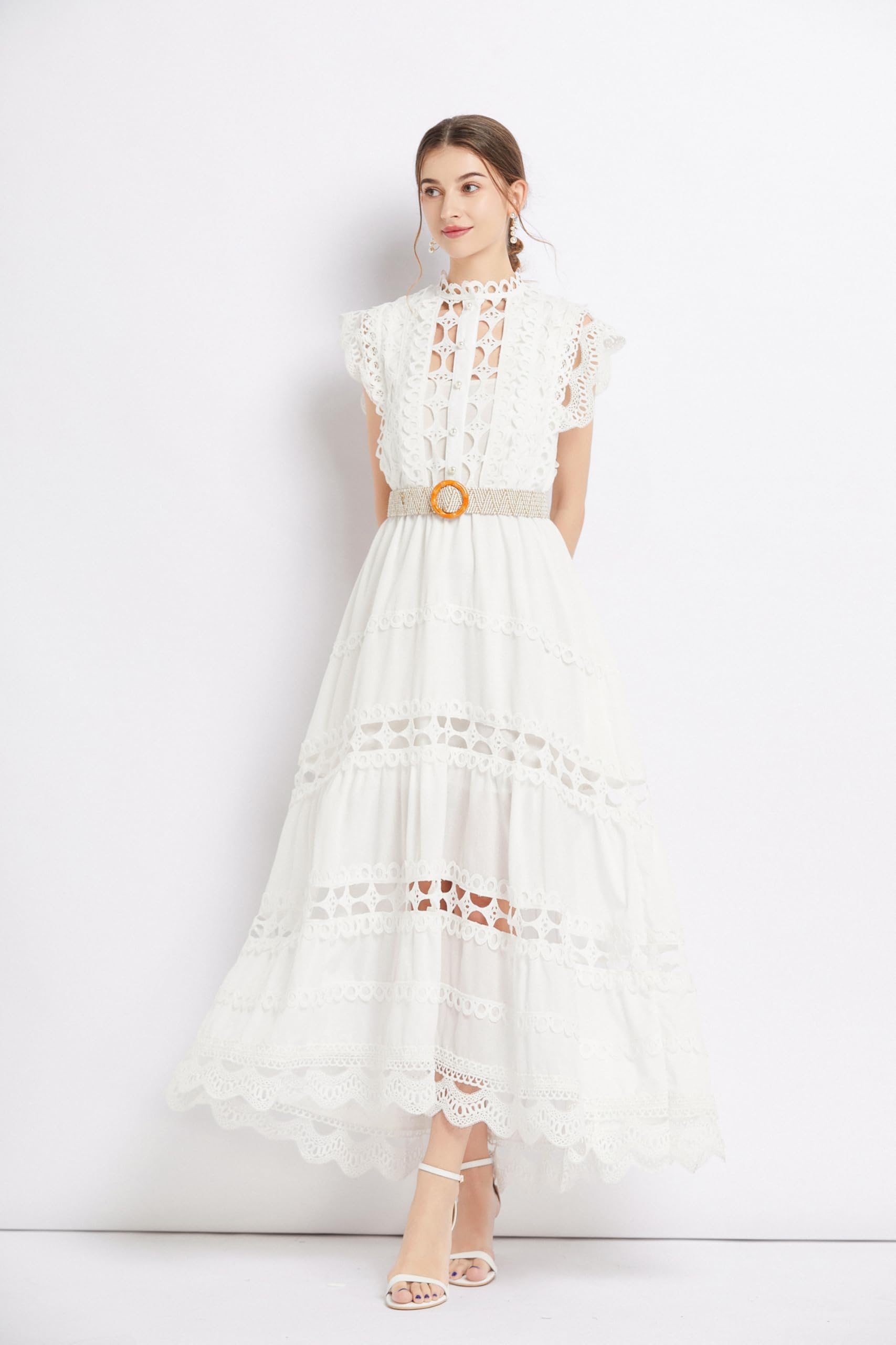 BK-Womens Lace Hollow Ruffled  Maxi  Dress - LAI MENG FIVE CATS