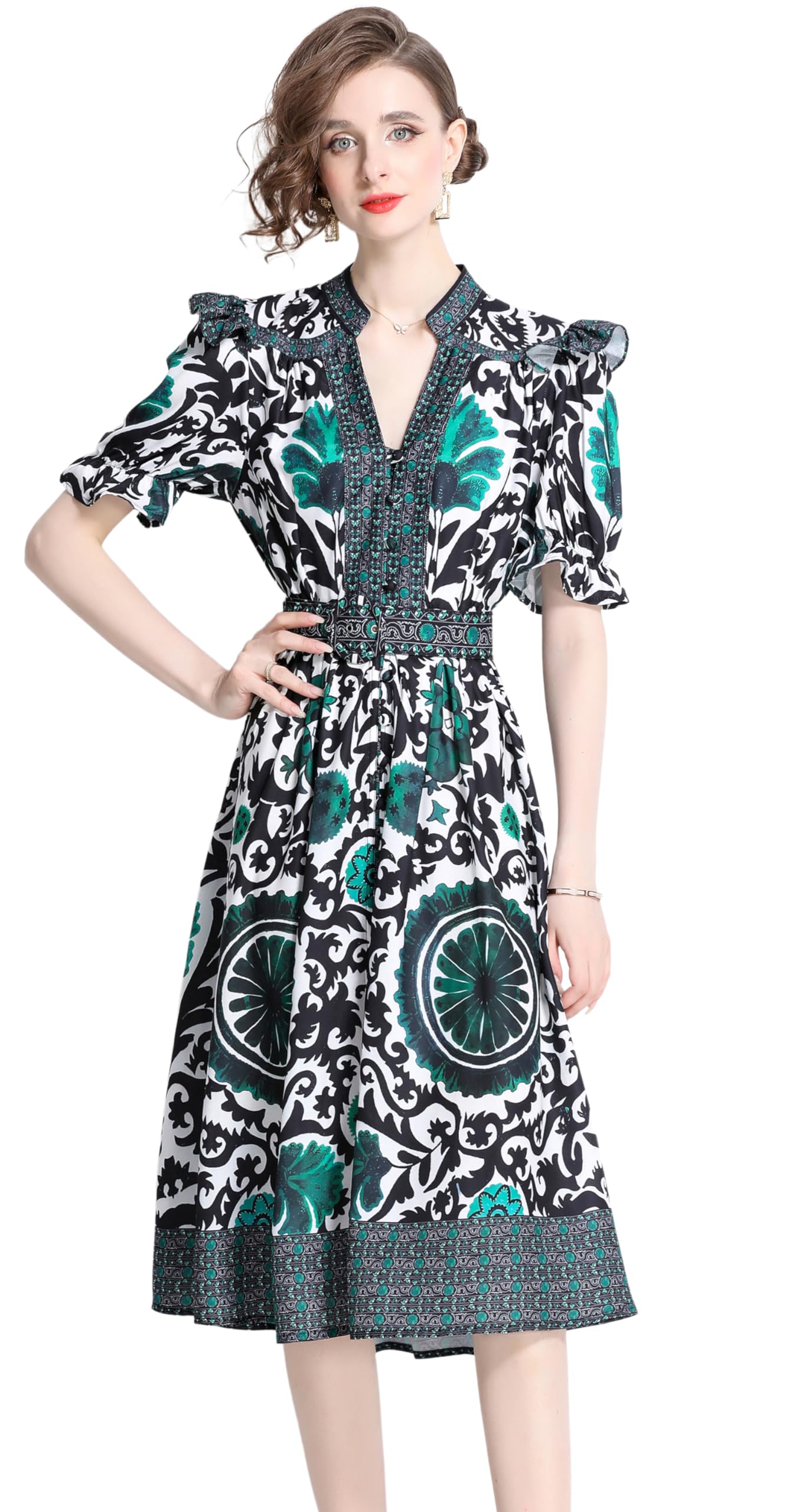 BK-Short Puff Sleeve Floral Midi Dress - LAI MENG FIVE CATS