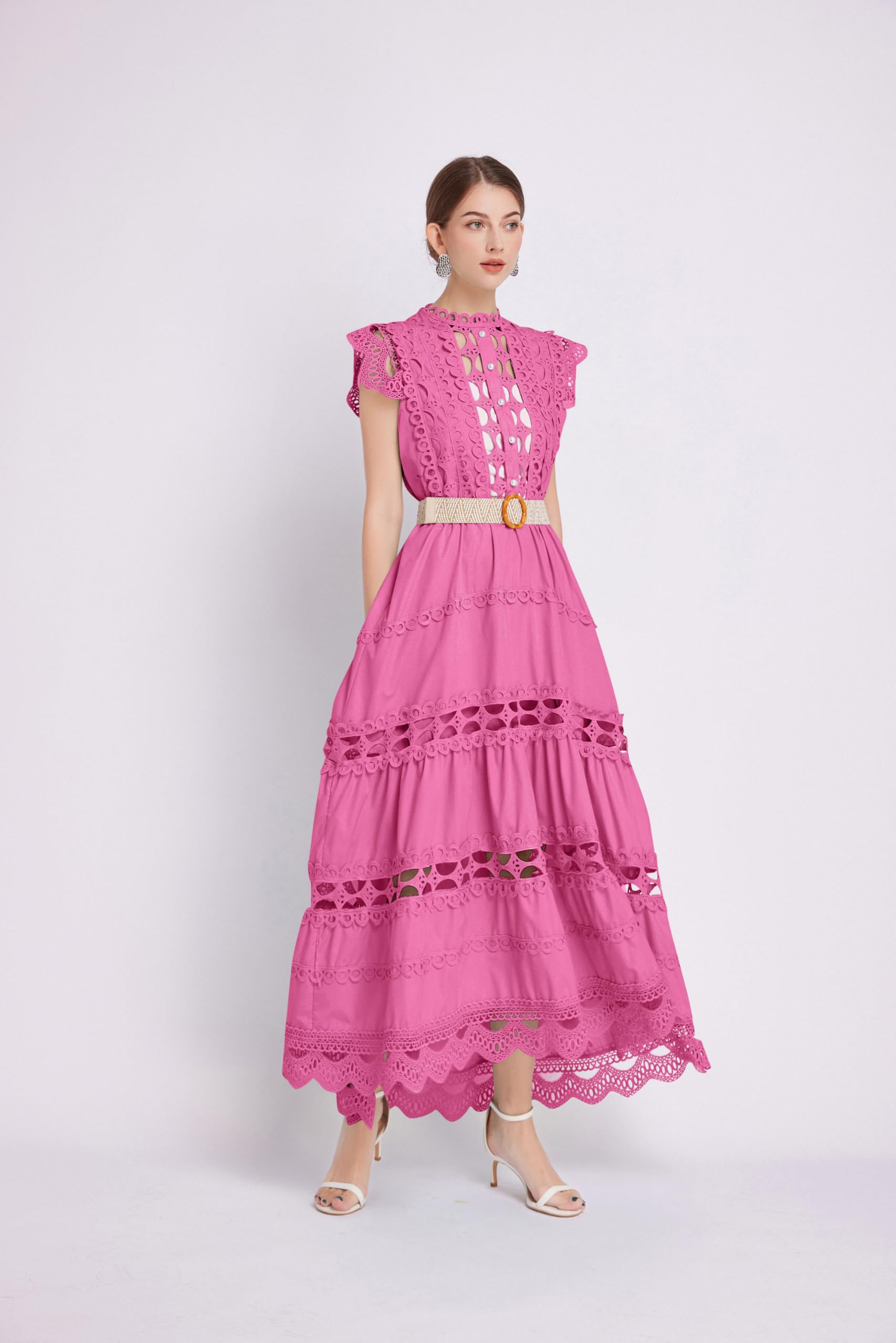 BK-Womens Lace Hollow Ruffled  Maxi  Dress - LAI MENG FIVE CATS
