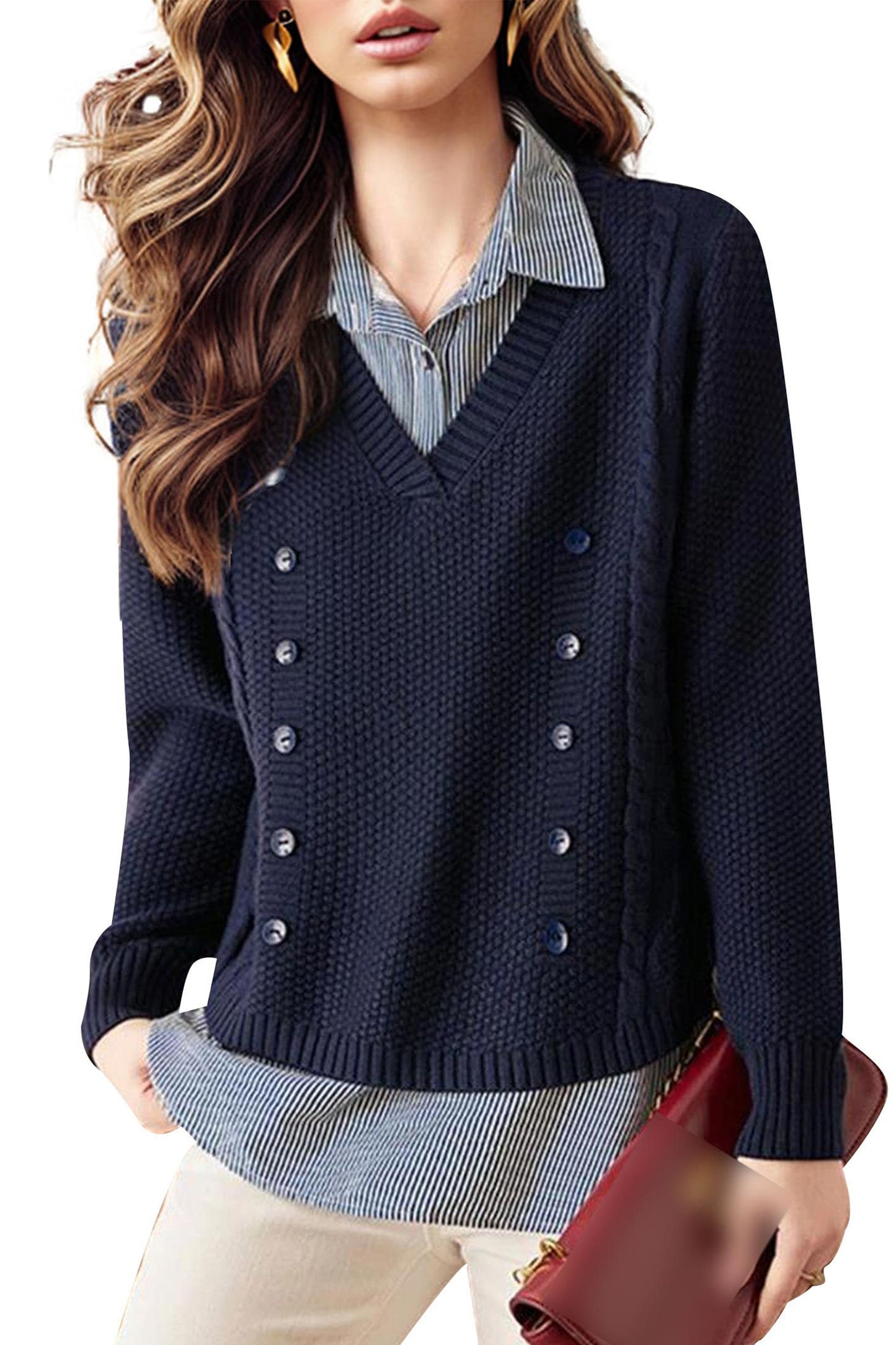 Women's Casual Collared Knit 2 in 1 Pullover Blouse Top - LAI MENG FIVE CATS