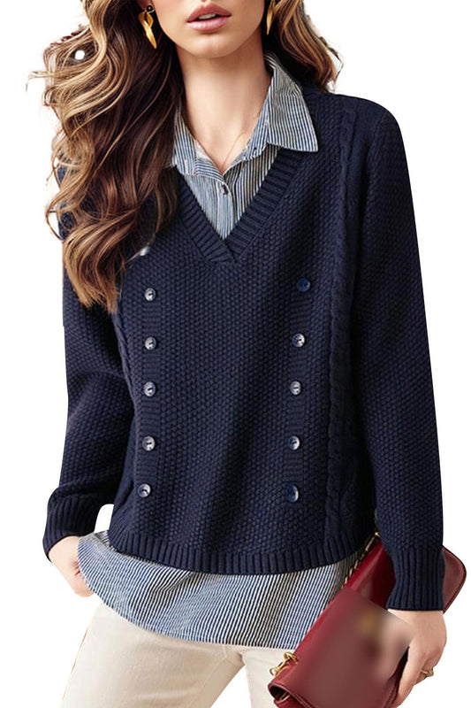 Women's Casual Collared Knit 2 in 1 Pullover Blouse Top - LAI MENG FIVE CATS