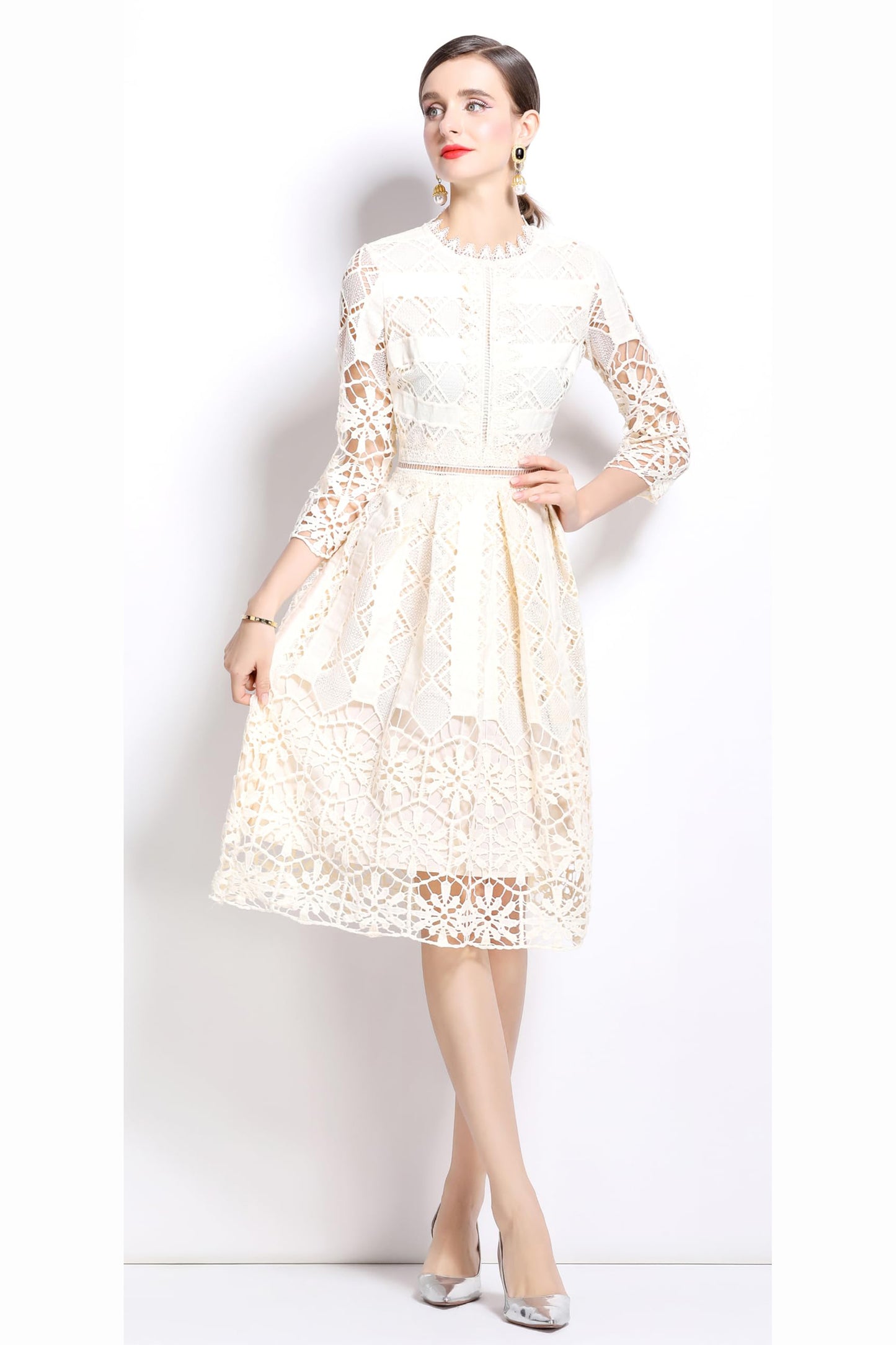 Womens 2/3 Sleeve Wedding Midi Dress - LAI MENG FIVE CATS