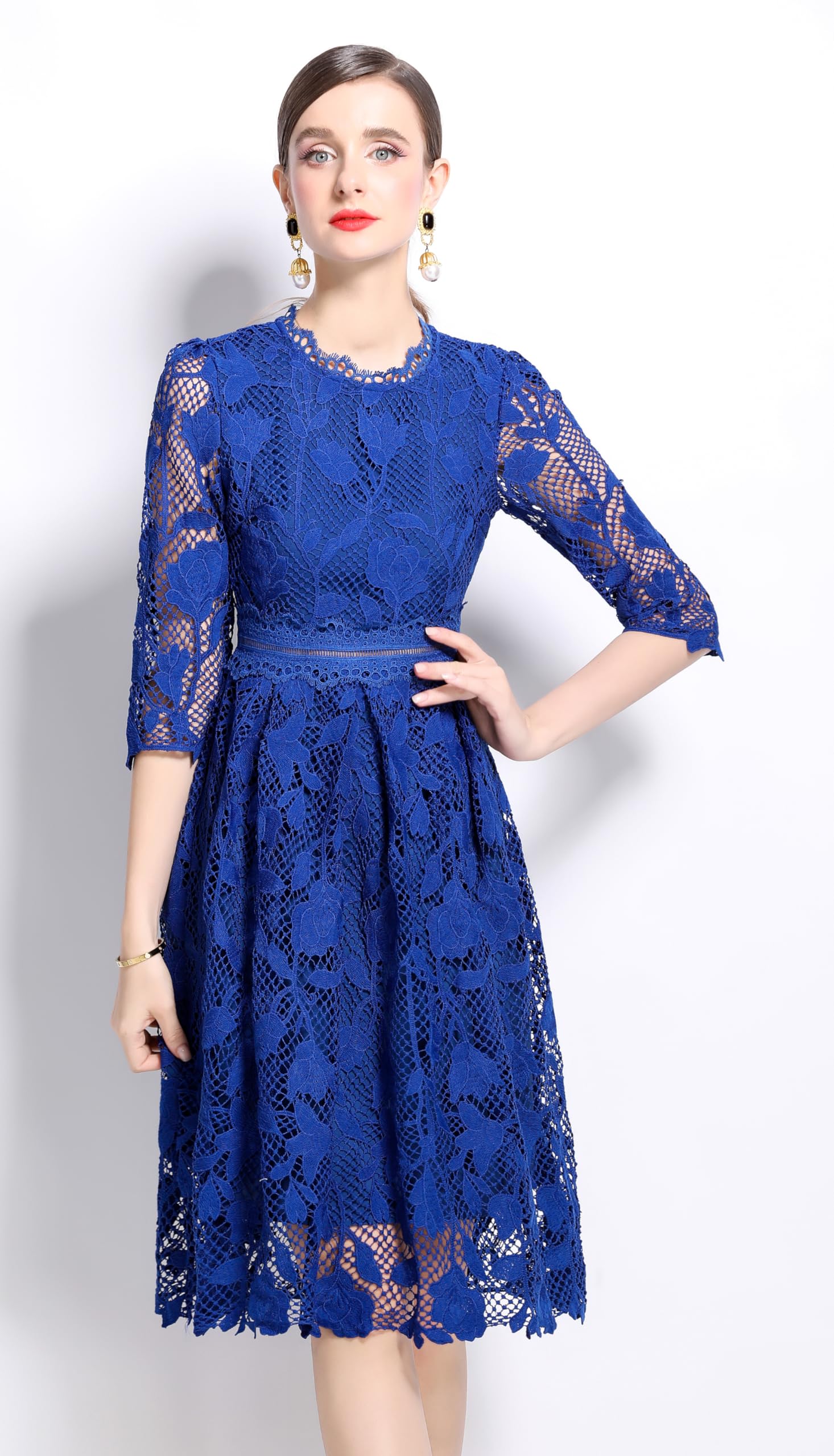 Womens Lace Floral Elegant Midi Dress - LAI MENG FIVE CATS