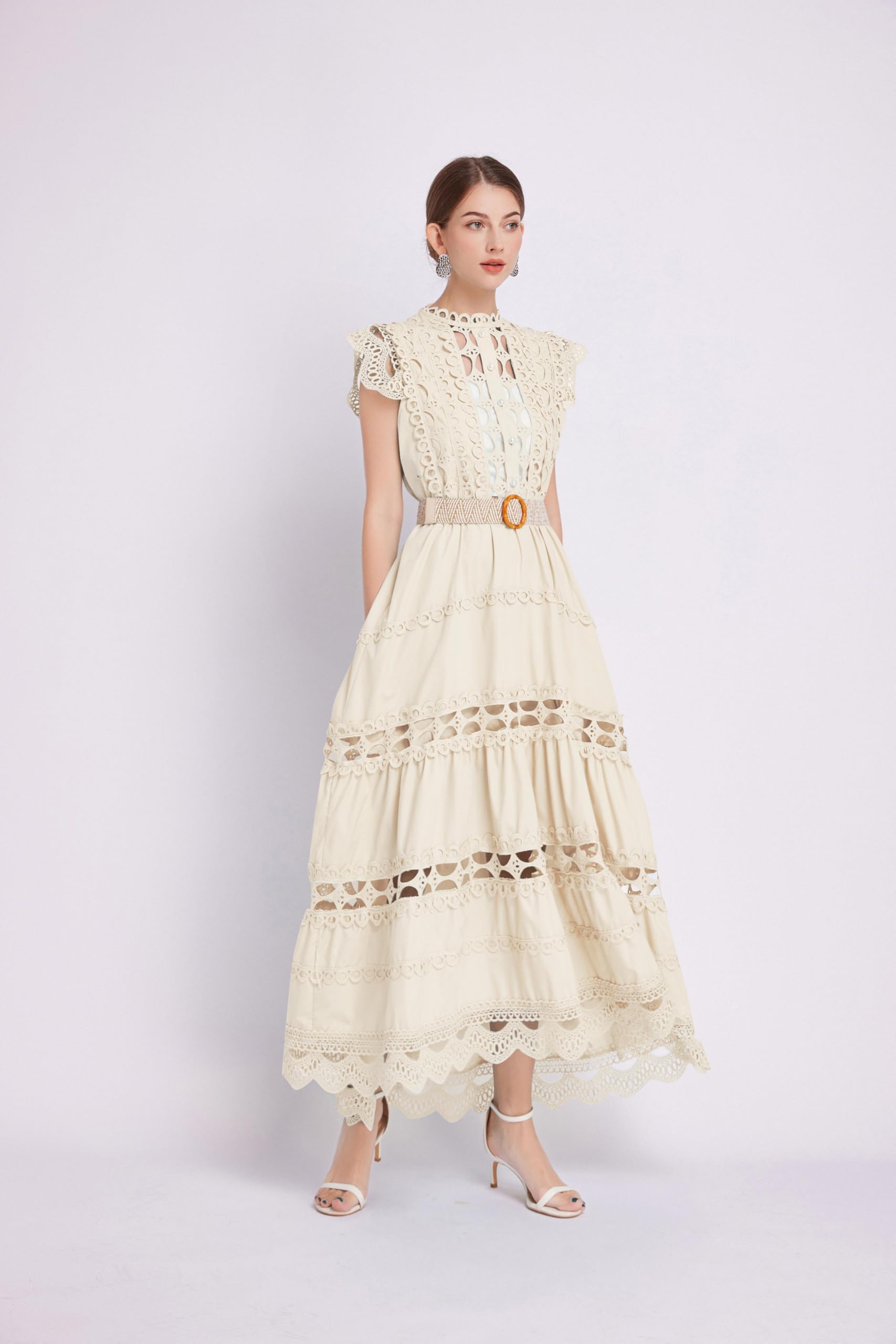 BK-Womens Lace Hollow Ruffled  Maxi  Dress - LAI MENG FIVE CATS