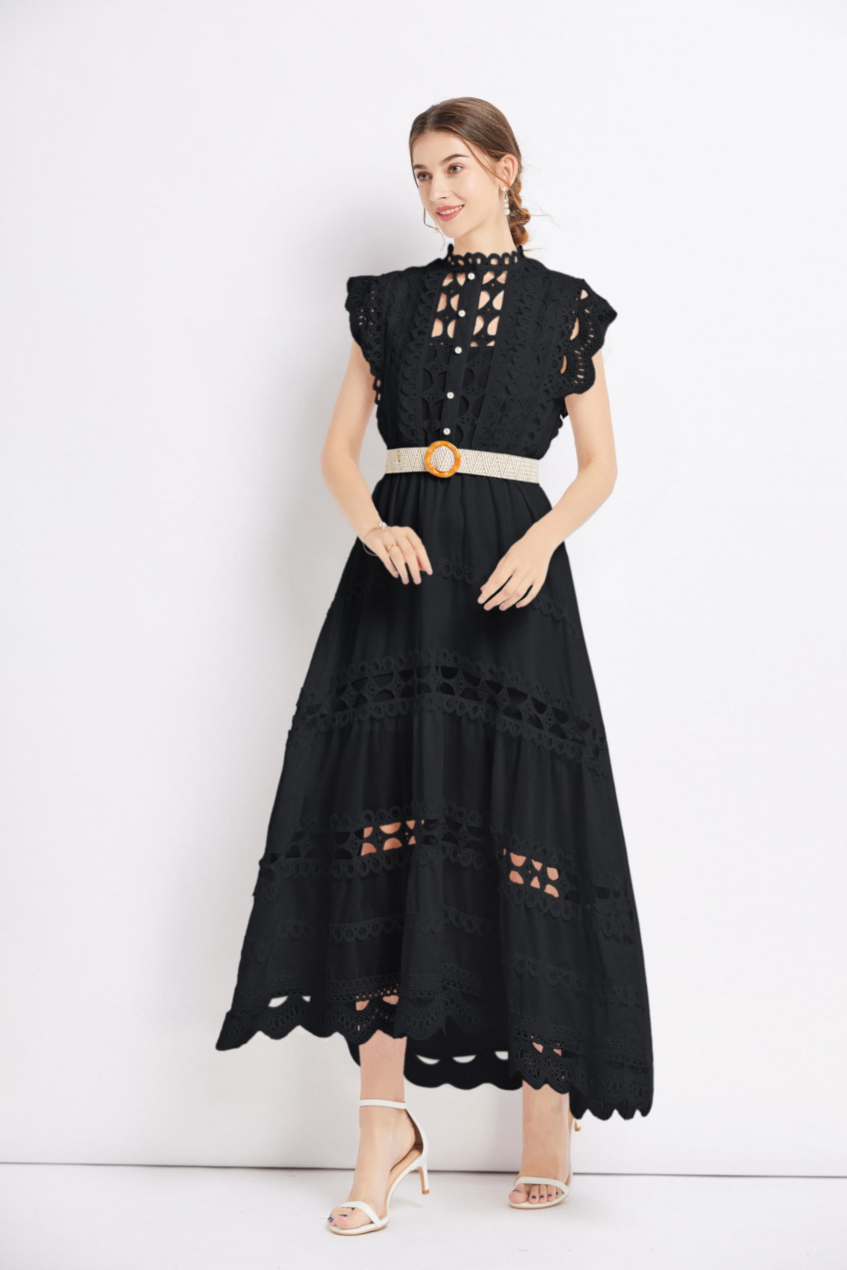 BK-Womens Lace Hollow Ruffled  Maxi  Dress - LAI MENG FIVE CATS