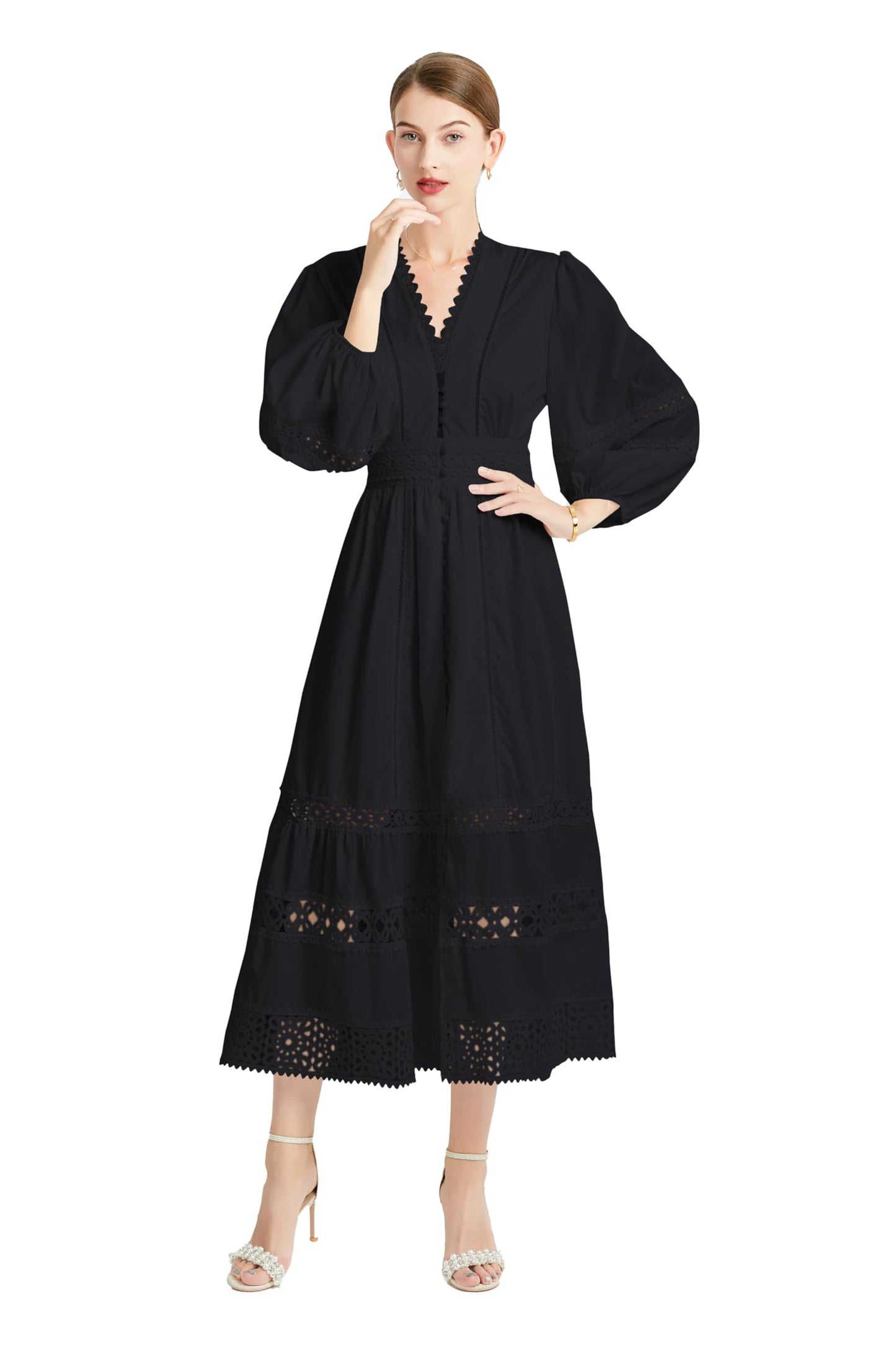 Womens Hollow Buttons Puffy Sleeves Midi Dress - LAI MENG FIVE CATS