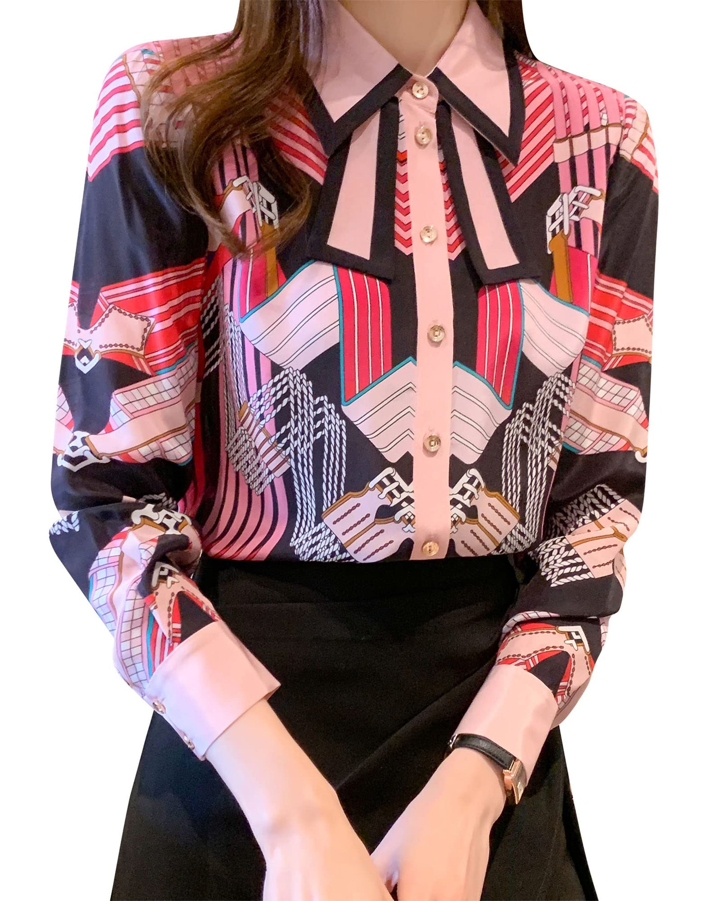 B20-Women's Tie Neck Floral Print Long Sleeve Blouse Top - LAI MENG FIVE CATS