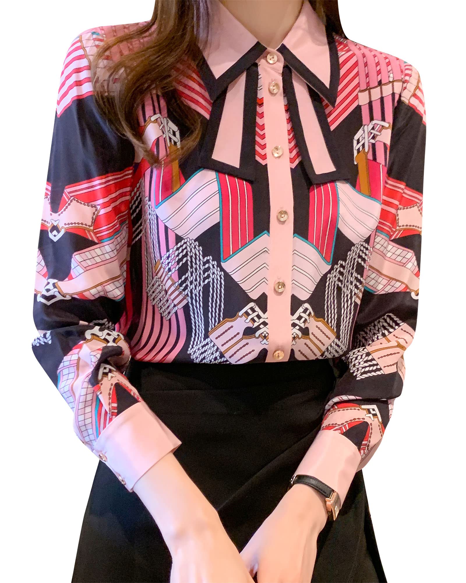 B20-Women's Tie Neck Floral Print Long Sleeve Blouse Top - LAI MENG FIVE CATS