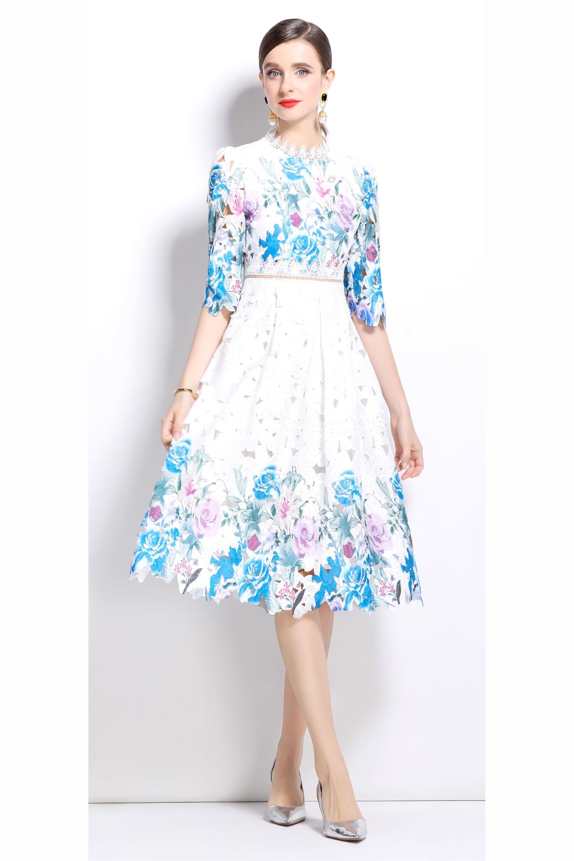 Womens Flowy Lace Party Midi Dress - LAI MENG FIVE CATS