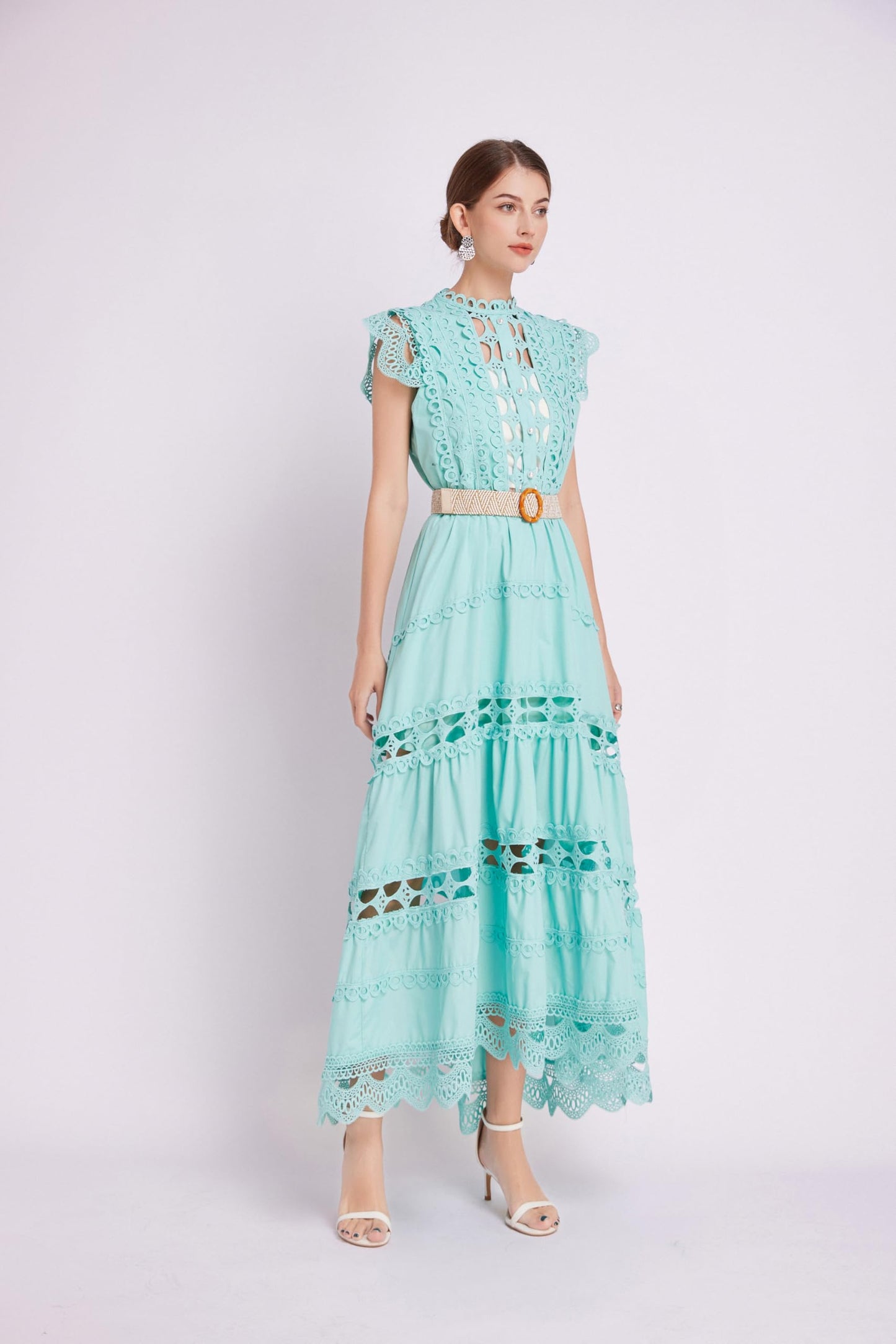 BK-Womens Lace Hollow Ruffled Maxi Dress - LAI MENG FIVE CATS