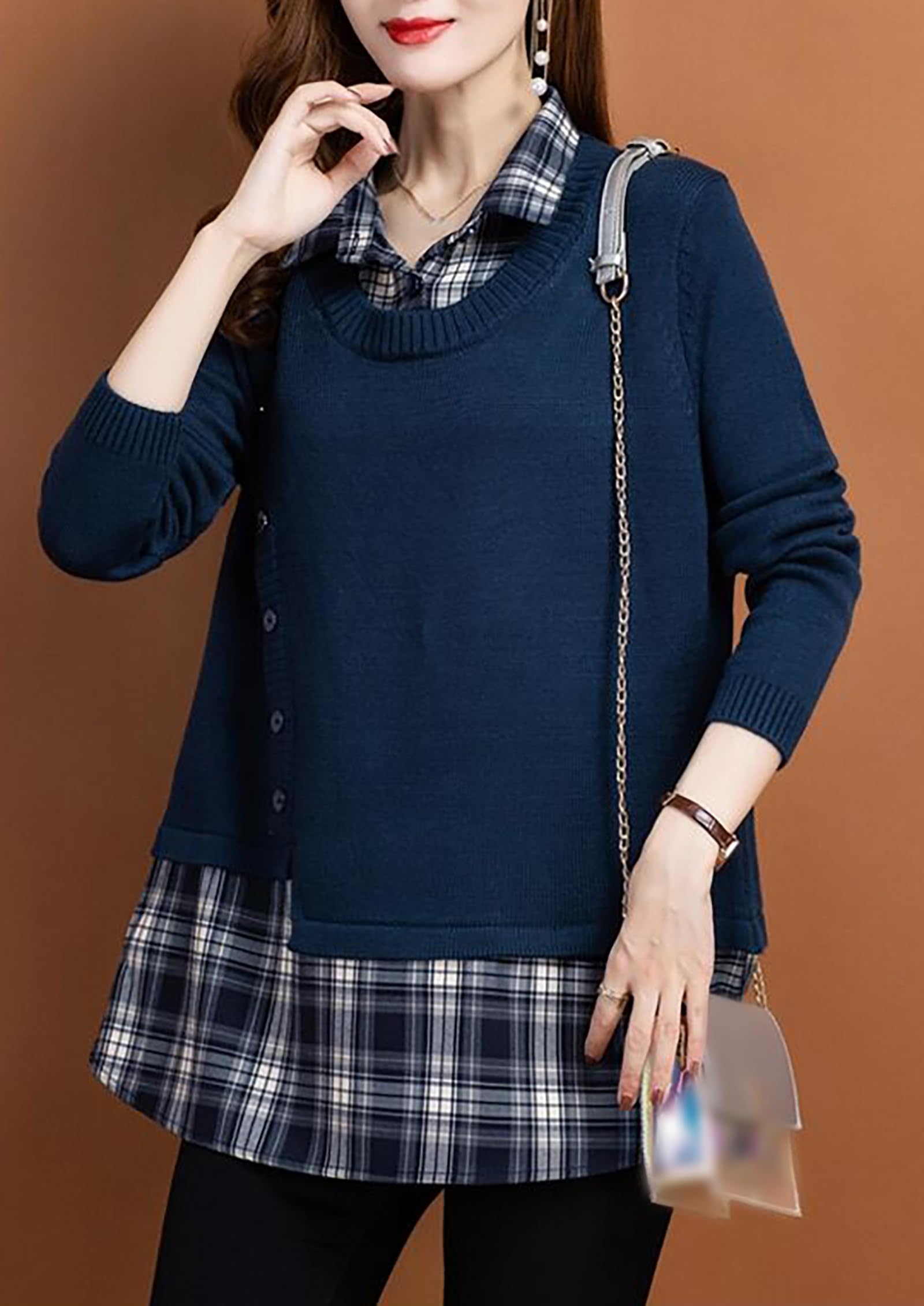 Knit Collar Patchwork Blouse Tops - LAI MENG FIVE CATS