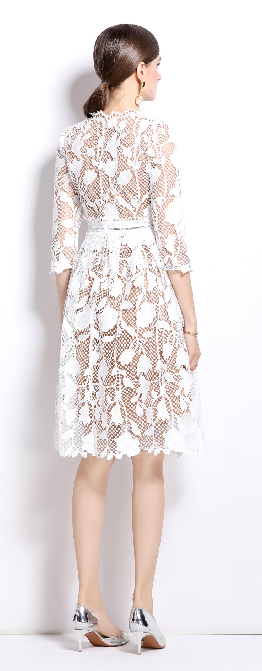 Womens Lace Floral Elegant Midi Dress - LAI MENG FIVE CATS