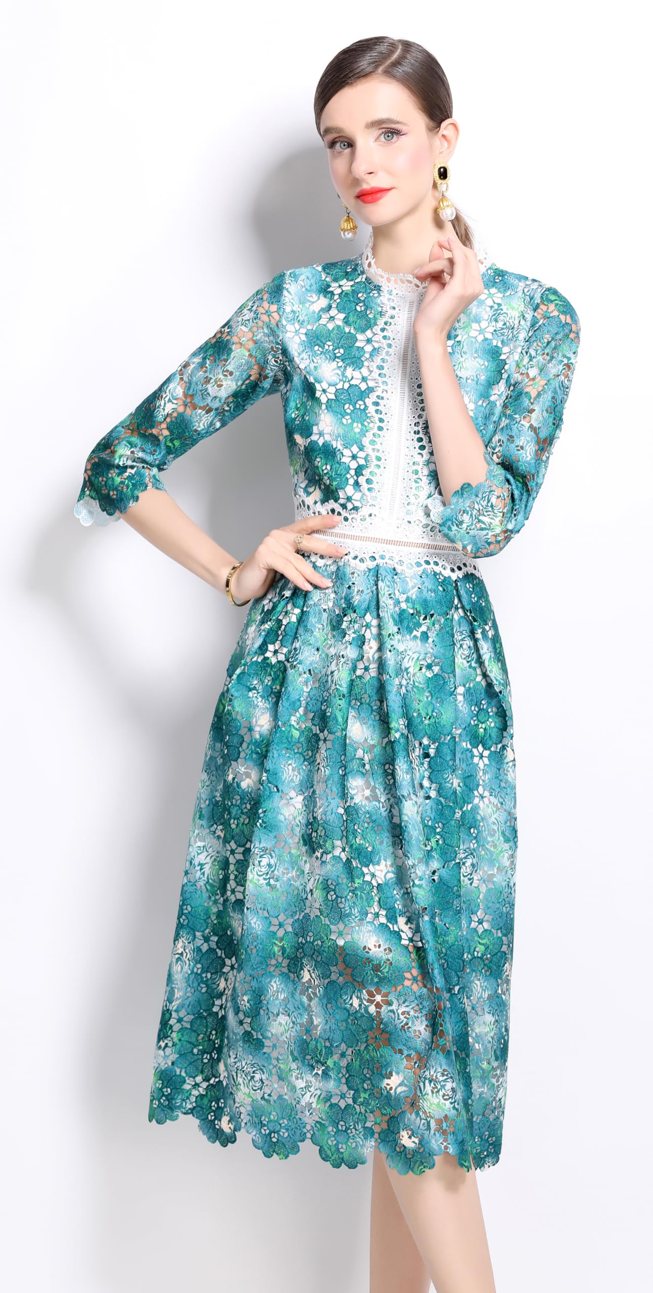 Womens 3/4 Sleeve Floral Print Midi Dress - LAI MENG FIVE CATS