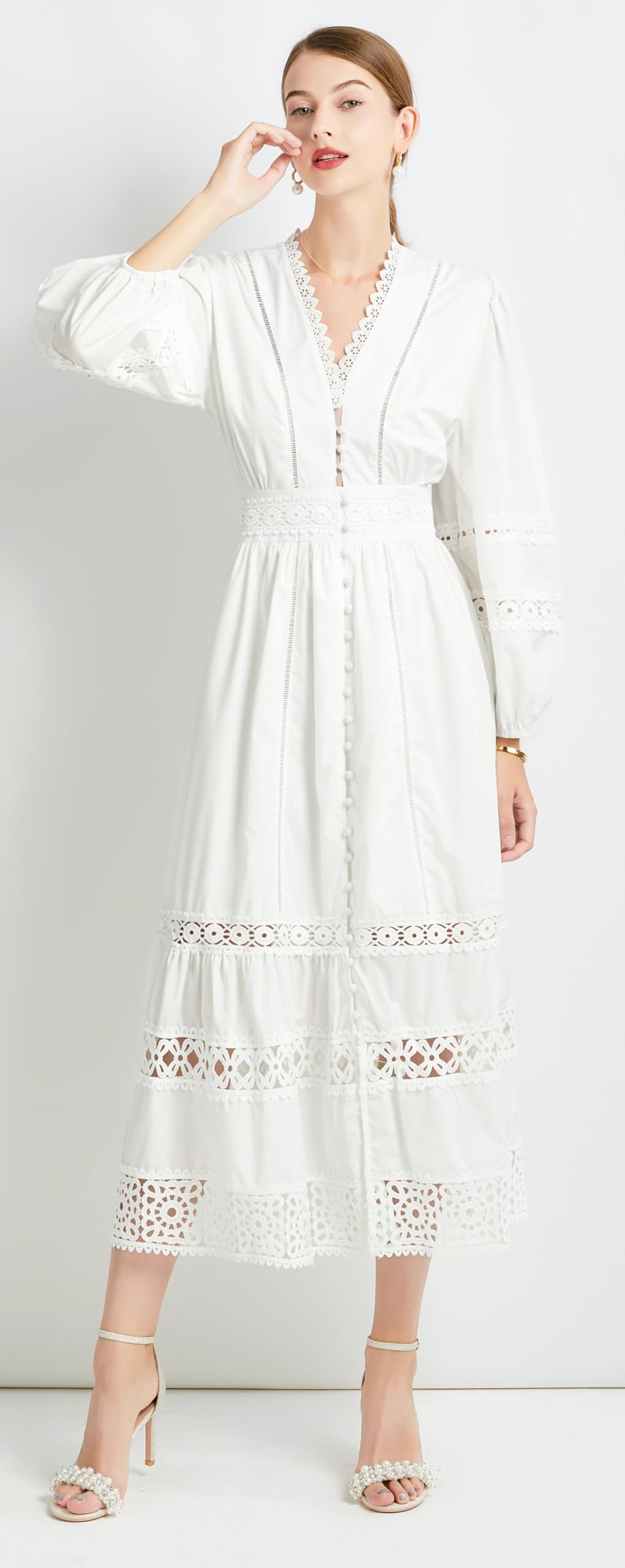Womens Hollow Buttons Puffy Sleeves Midi Dress - LAI MENG FIVE CATS