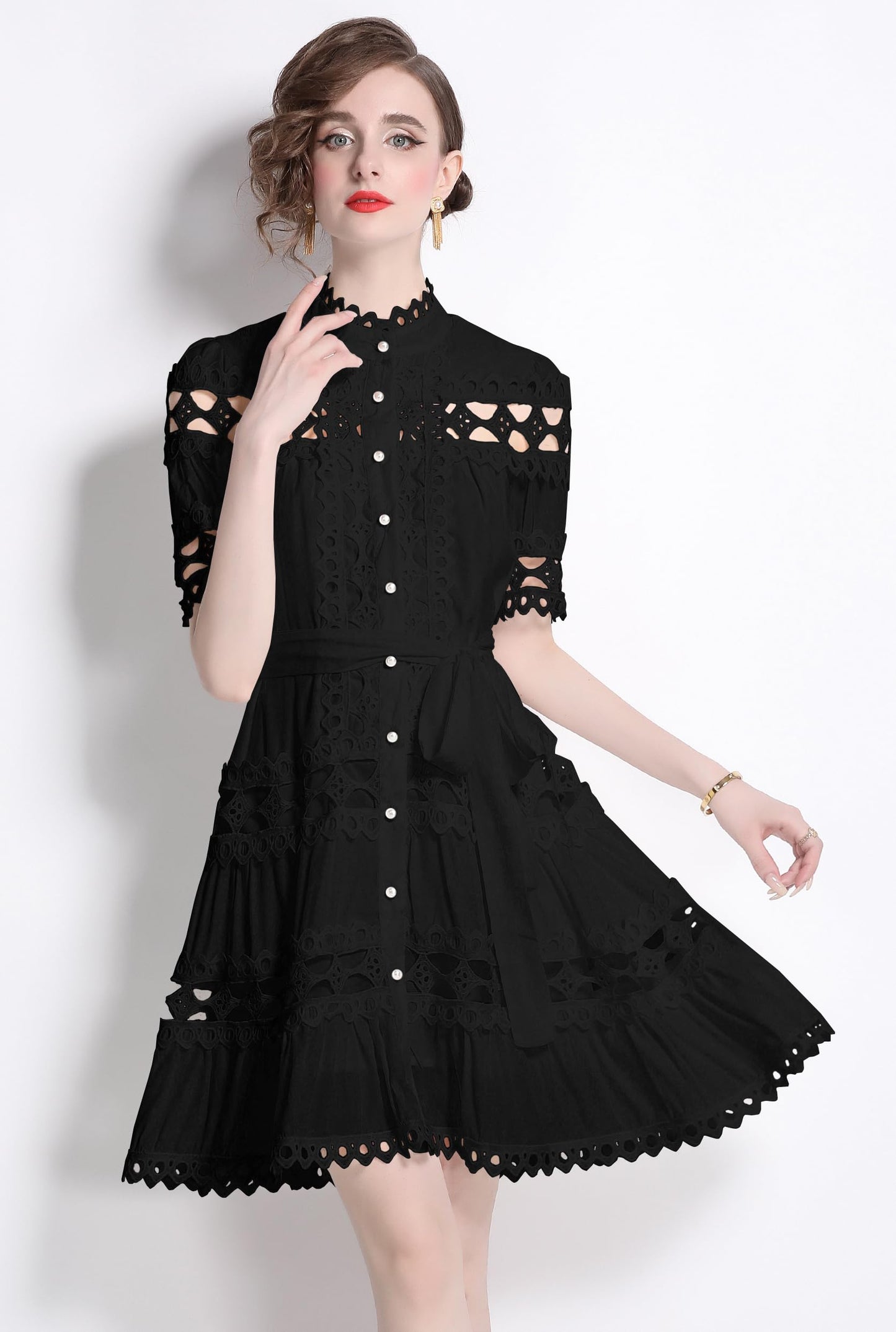 Womens Lace Hollow Button Mini Dress - LAI MENG FIVE CATS