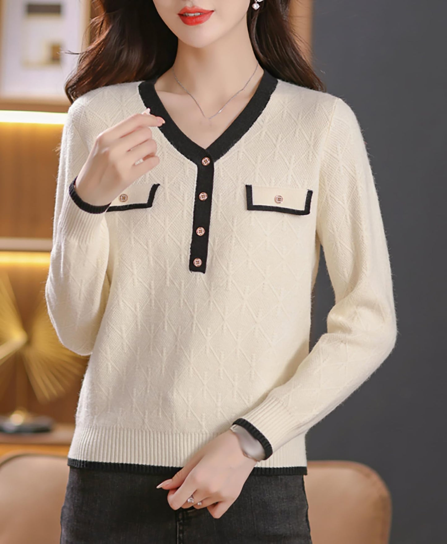 Knit Solid Color Button Pullover Tops - LAI MENG FIVE CATS