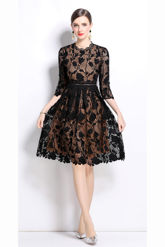 Womens Lace Floral Elegant Midi Dress - LAI MENG FIVE CATS