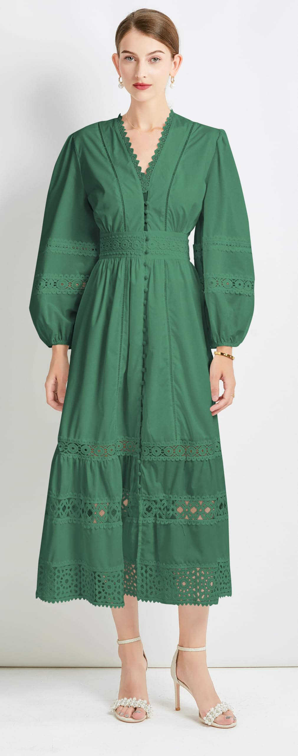 Womens Hollow Buttons Puffy Sleeves Midi Dress - LAI MENG FIVE CATS