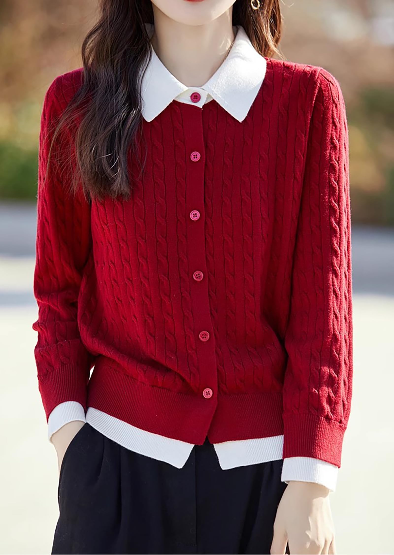 Knit Button Patchwork Pullover Fall Outfits - LAI MENG FIVE CATS