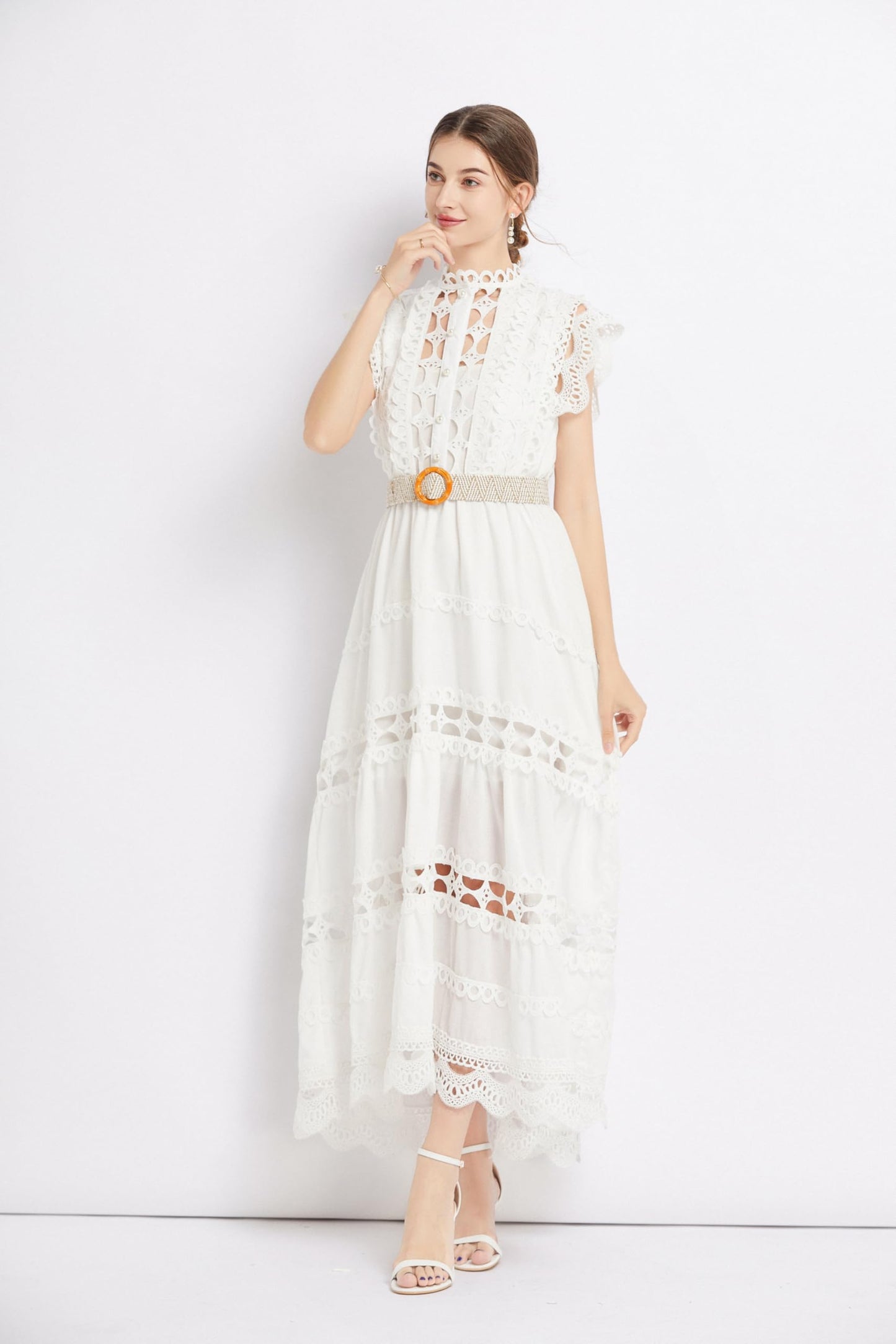 BK-Womens Lace Hollow Ruffled Maxi Dress - LAI MENG FIVE CATS