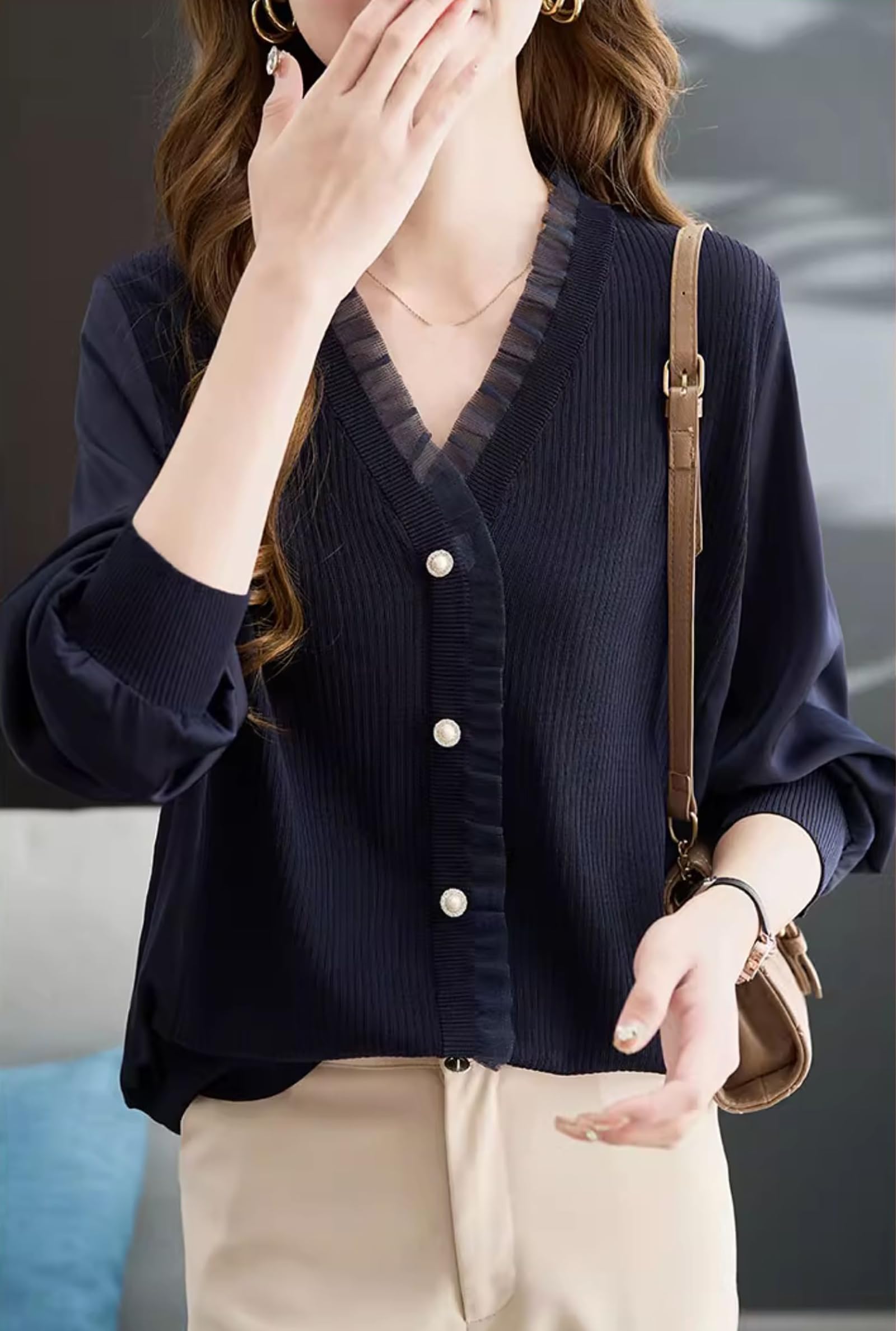 Knit Patchwork Button Casual Blouse Tops - LAI MENG FIVE CATS