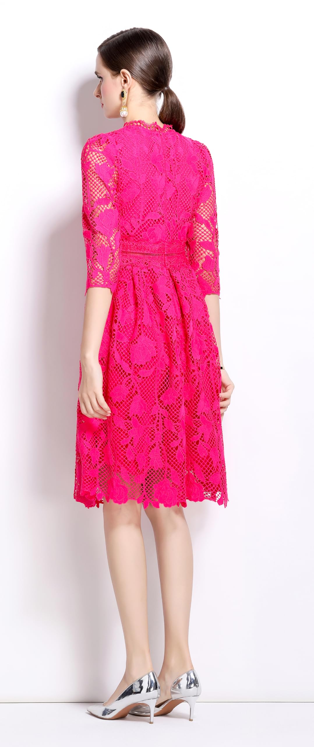 Womens Lace Floral Elegant Midi Dress - LAI MENG FIVE CATS