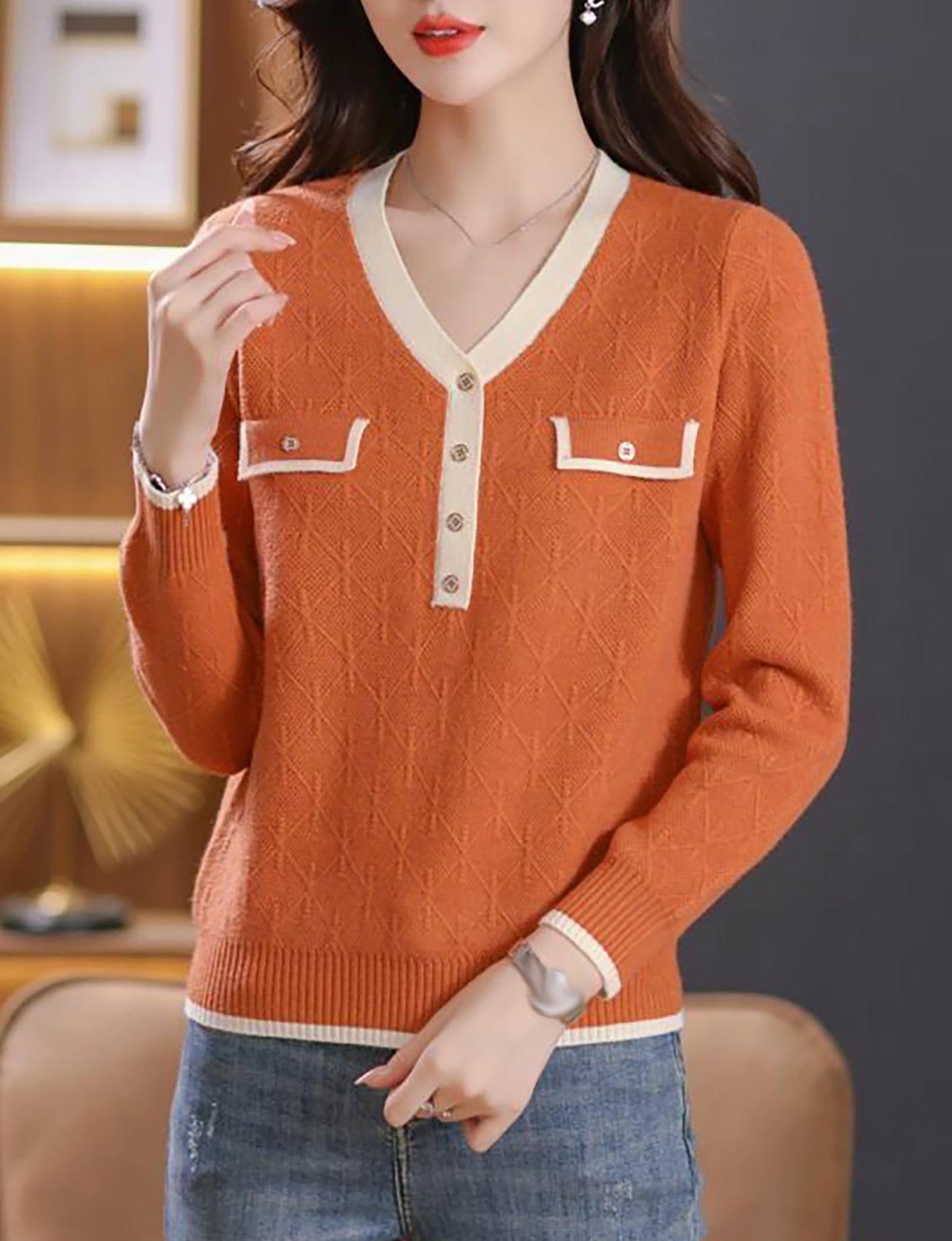 Knit Solid Color Button Pullover Tops - LAI MENG FIVE CATS