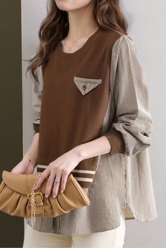 Pullover Patchwork Stripe Blouse Knit Tops - LAI MENG FIVE CATS