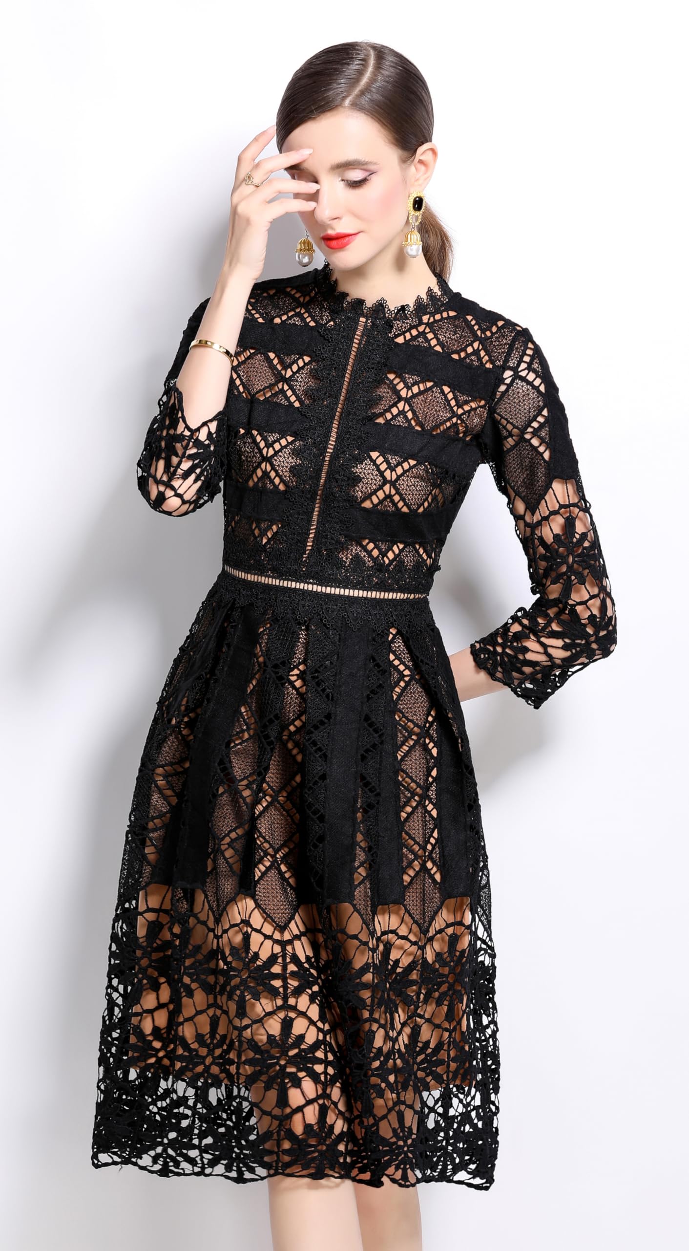 Womens 2/3 Sleeve Wedding Midi Dress - LAI MENG FIVE CATS