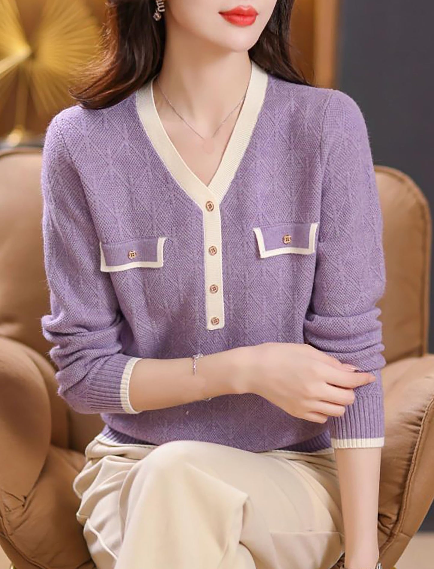 Knit Solid Color Button Pullover Tops - LAI MENG FIVE CATS