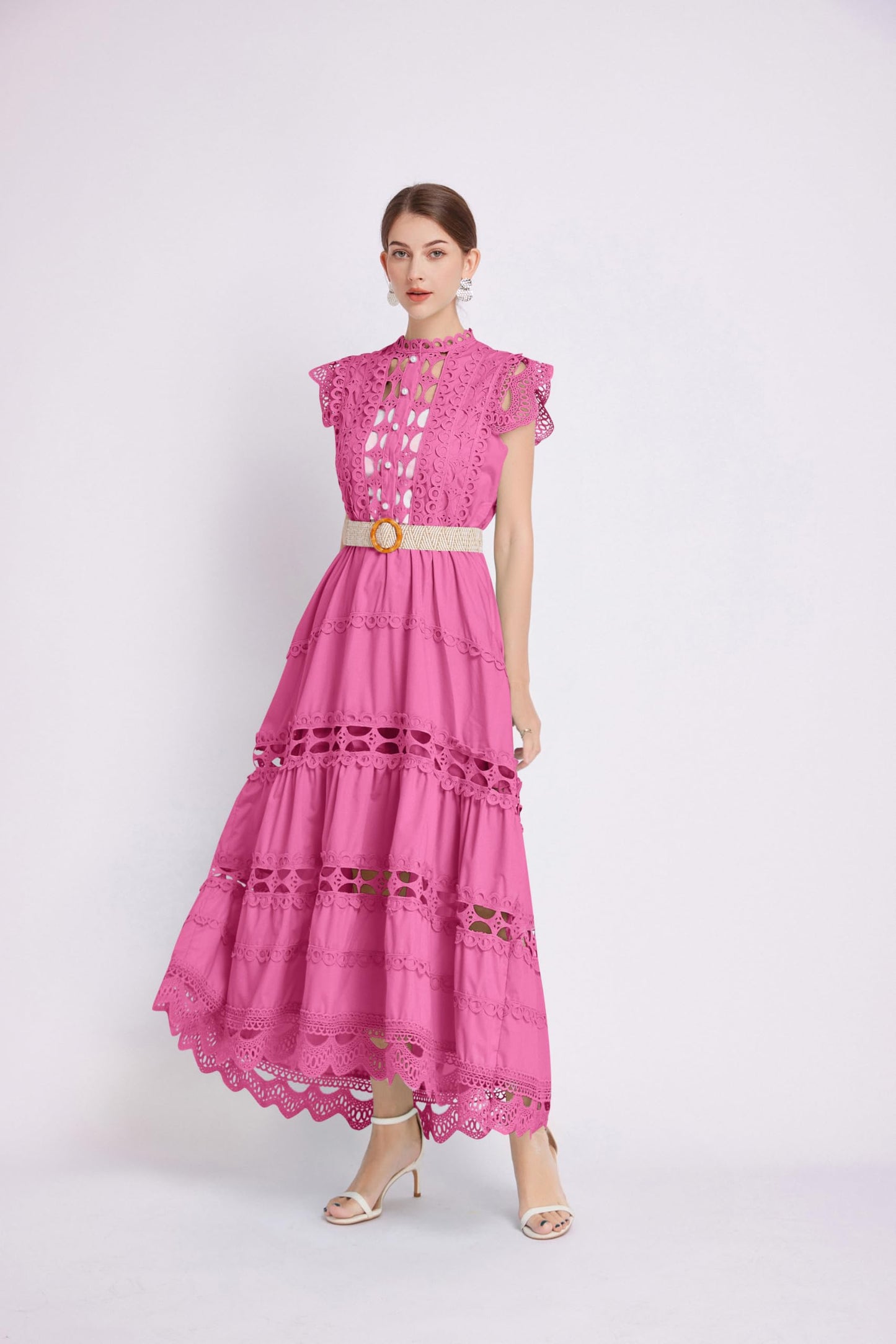 BK-Womens Lace Hollow Ruffled Maxi Dress - LAI MENG FIVE CATS