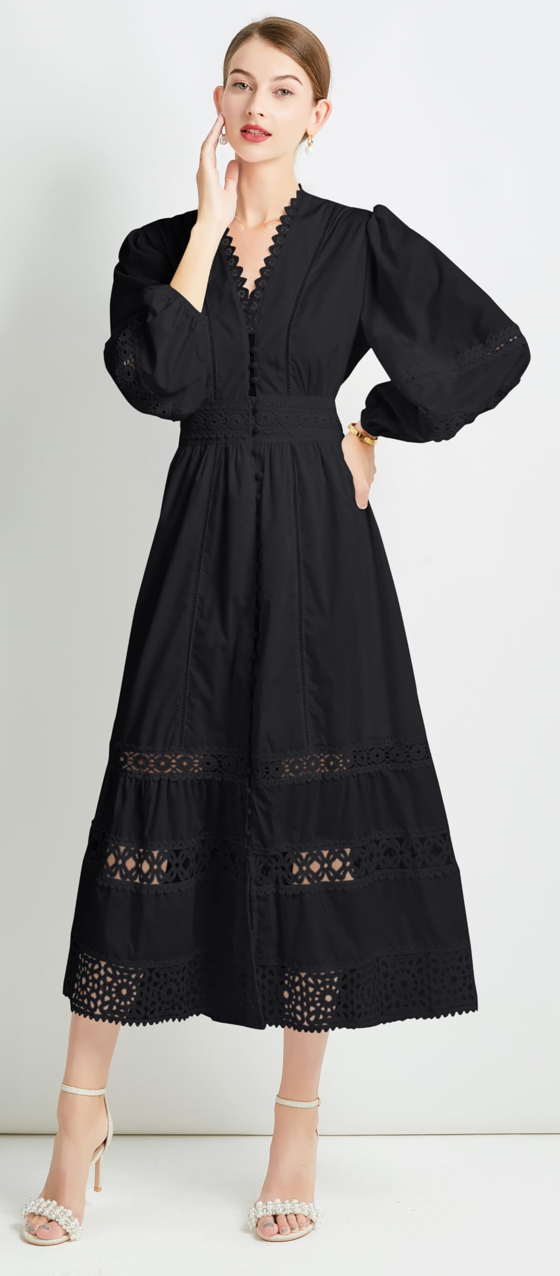 Womens Hollow Buttons Puffy Sleeves Midi Dress - LAI MENG FIVE CATS