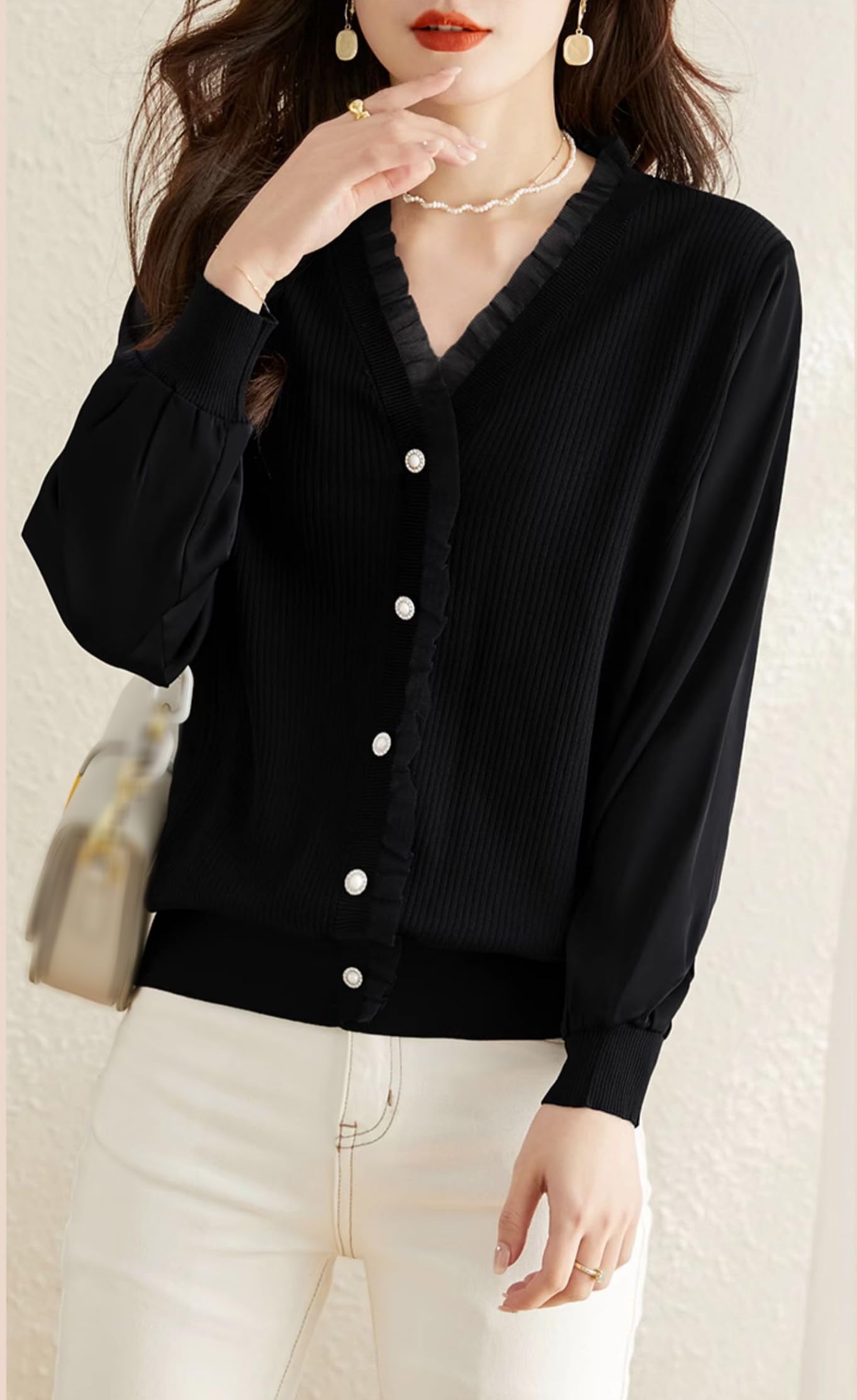 Knit Patchwork Button Casual Blouse Tops - LAI MENG FIVE CATS