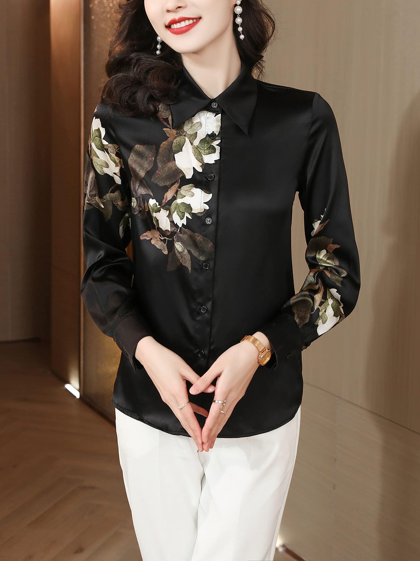 BK-Shirt Floral Print Long Sleeve Button Blouse
