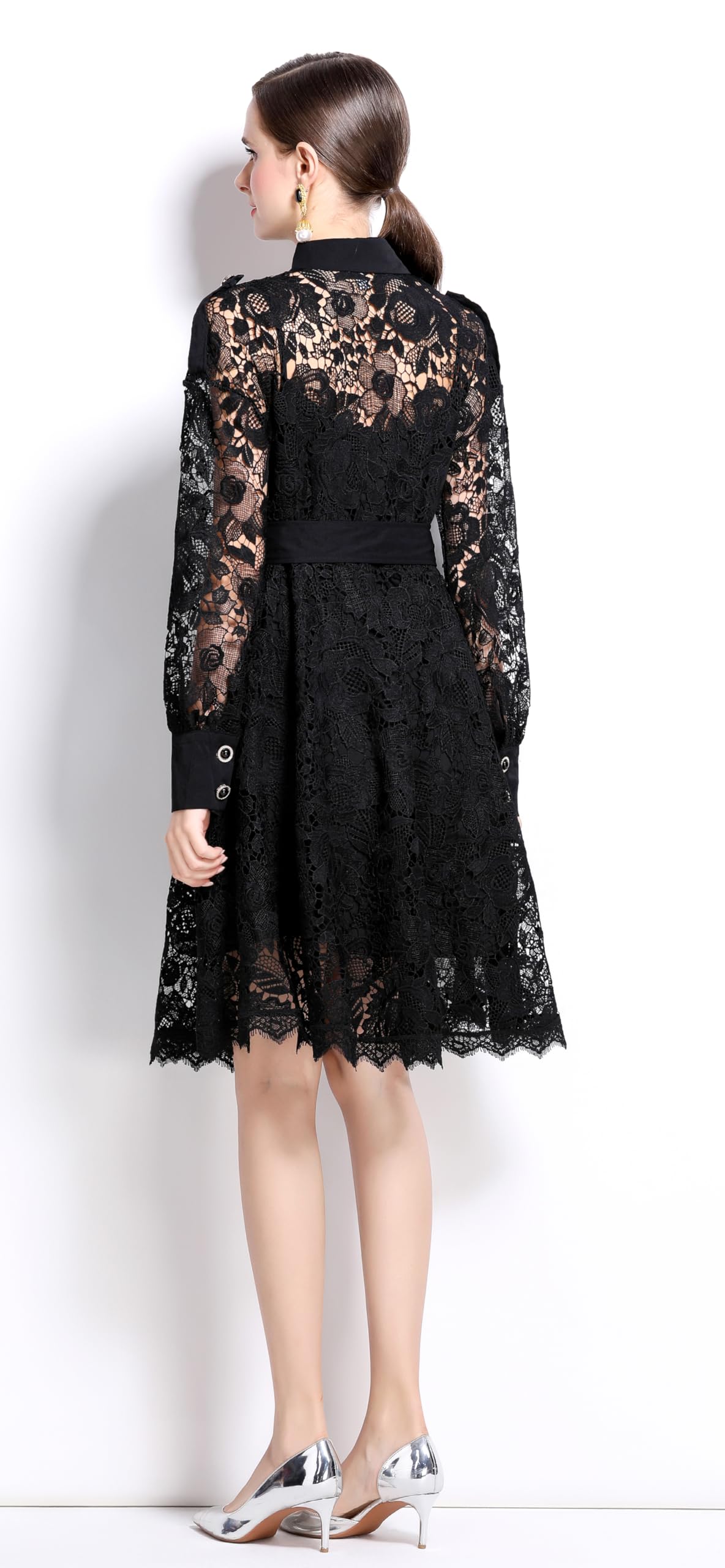 Womens Lace Tie Waist  Flowy Midi Dress - LAI MENG FIVE CATS