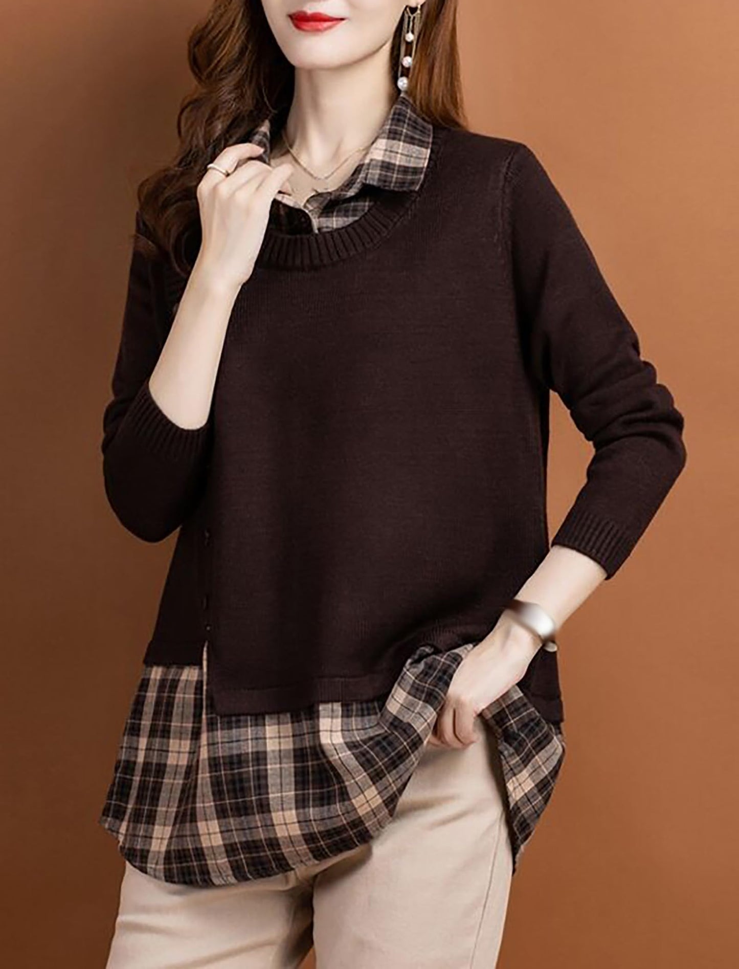 Knit Collar Patchwork Blouse Tops - LAI MENG FIVE CATS