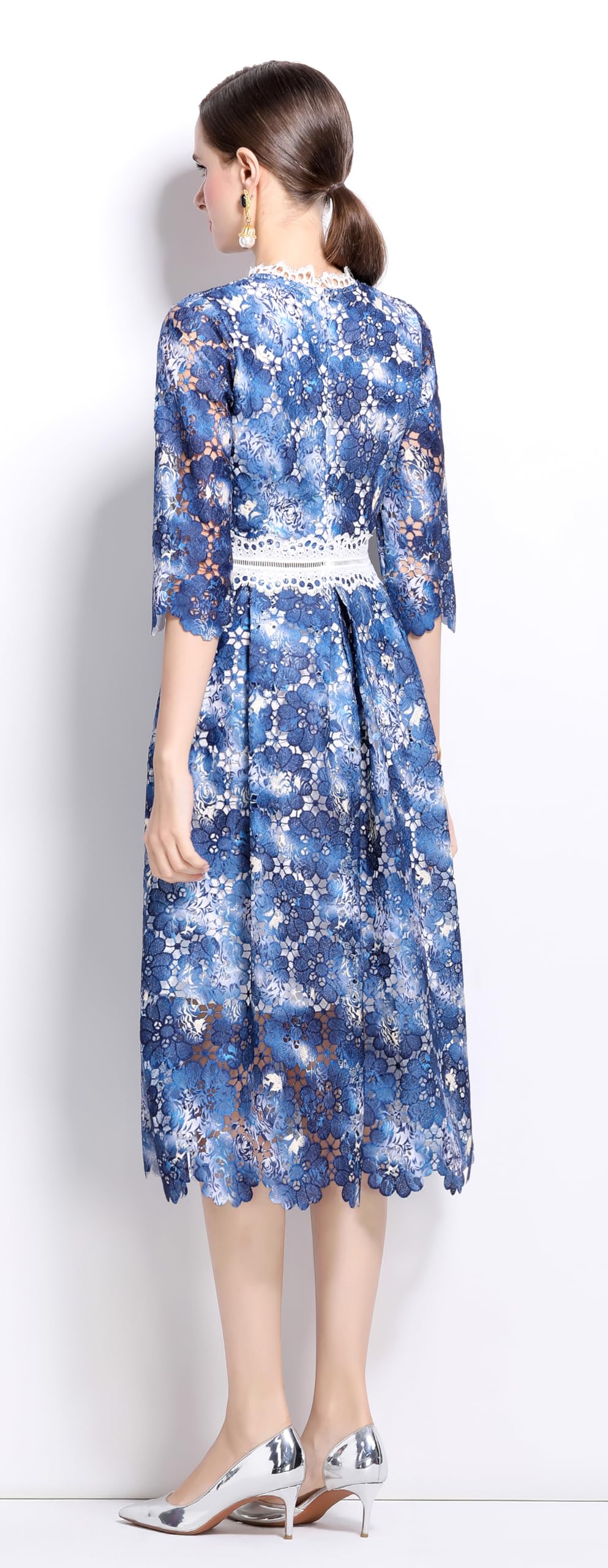 Womens 3/4 Sleeve Floral Print Midi Dress - LAI MENG FIVE CATS