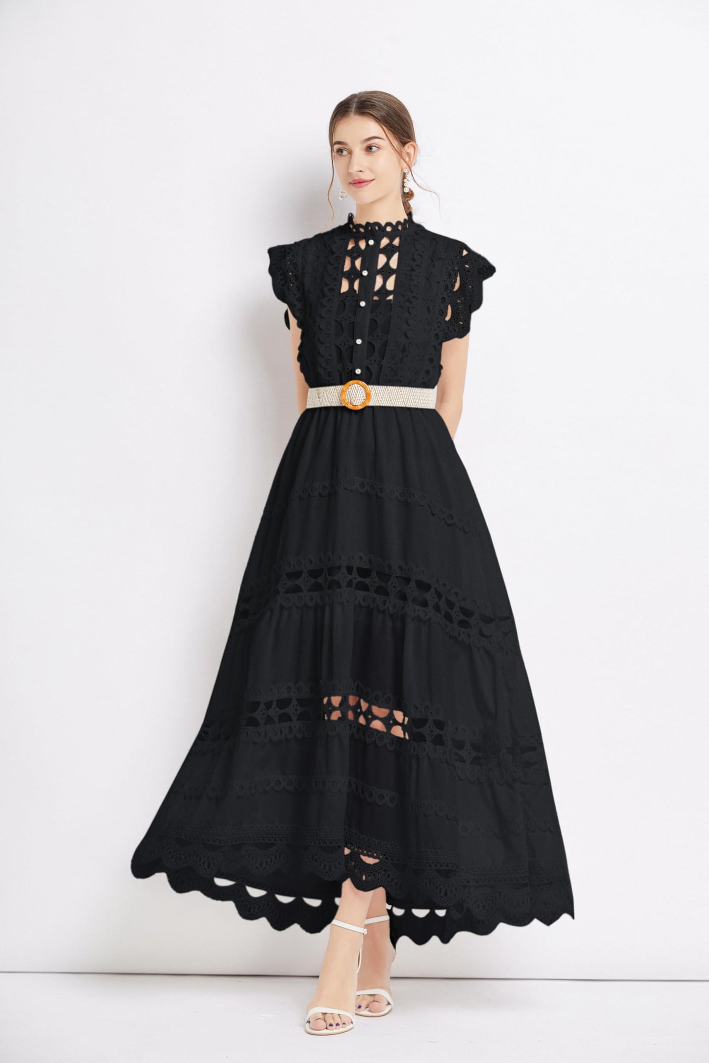 BK-Womens Lace Hollow Ruffled Maxi Dress - LAI MENG FIVE CATS