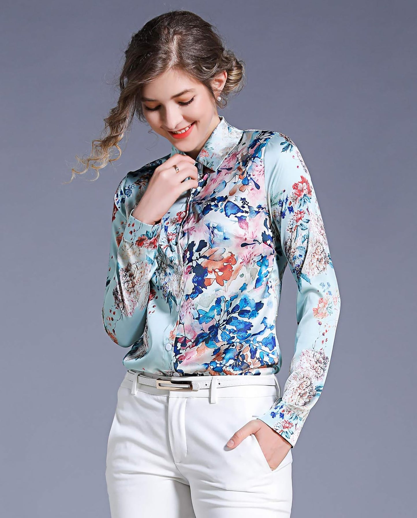 Floral Print Button Down Casual Blouse
