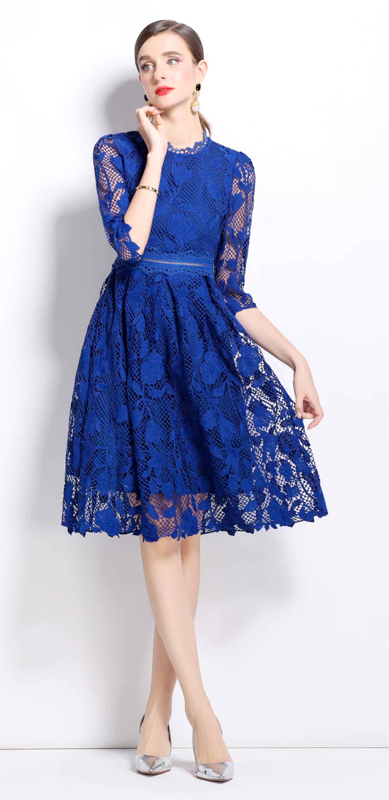 Womens Lace Floral Elegant Midi Dress - LAI MENG FIVE CATS