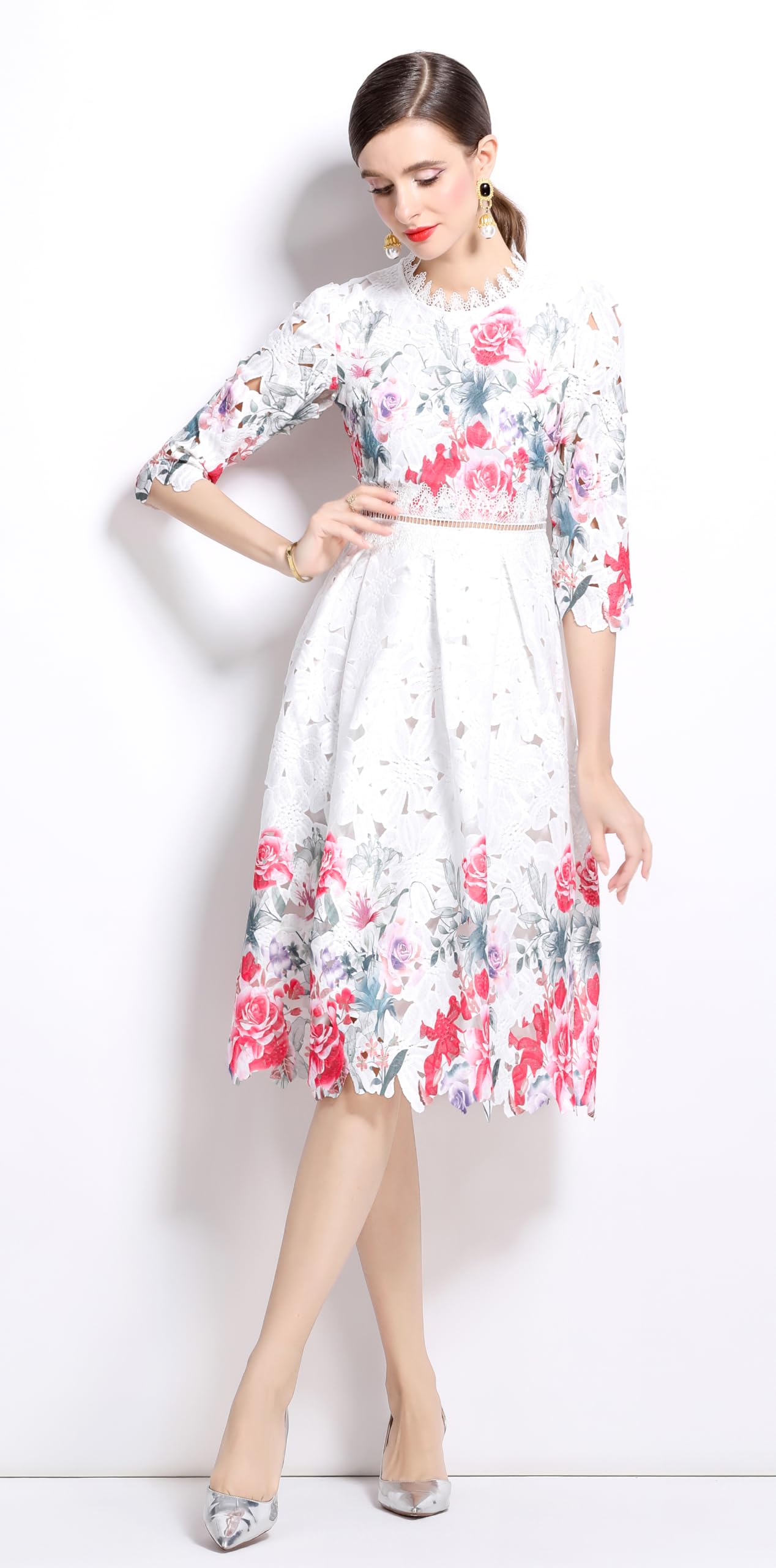 Womens Flowy Lace Party Midi Dress - LAI MENG FIVE CATS